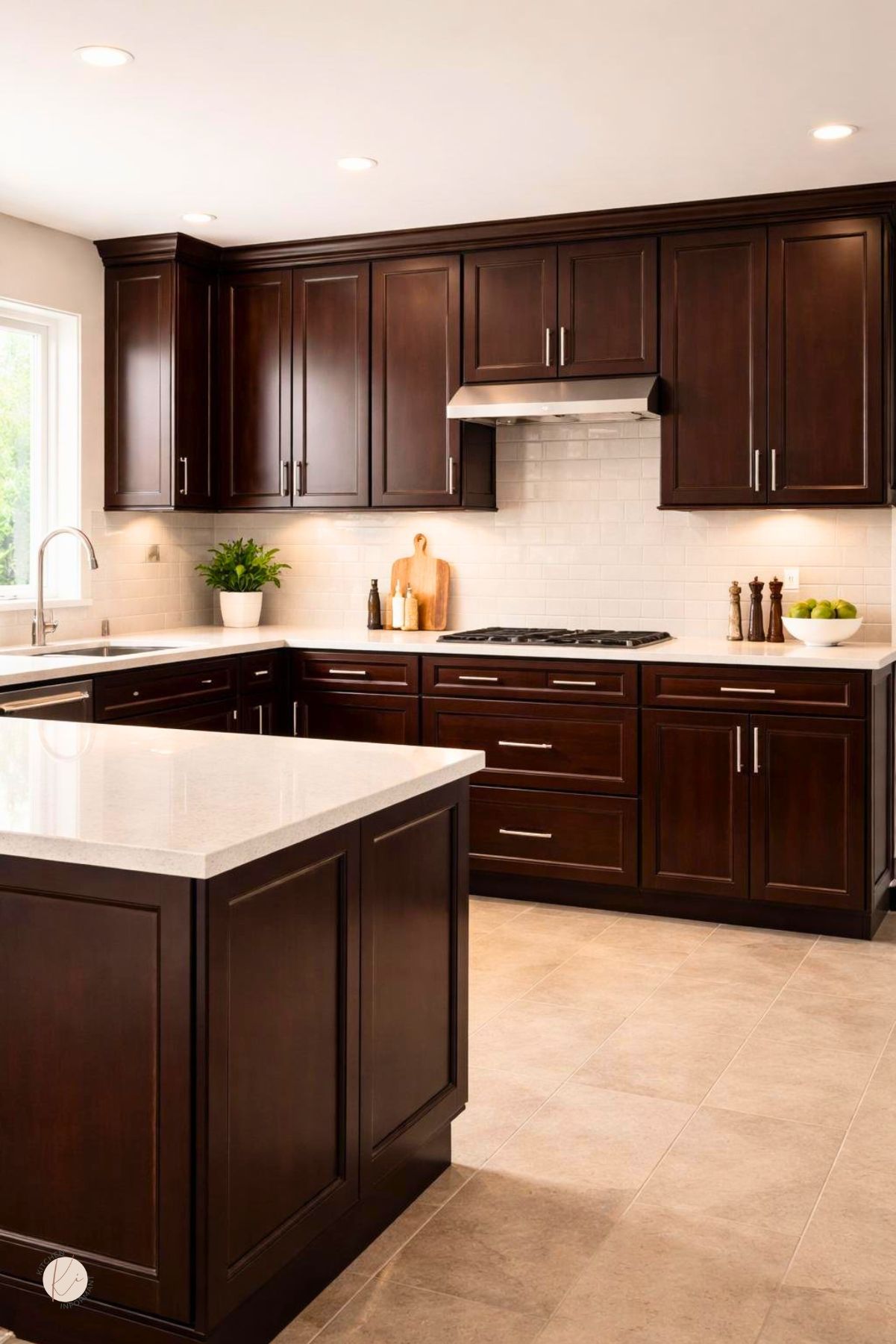 A modern kitchen with dark espresso brown cabinets, a clean countertop, and natural light coming through a window.