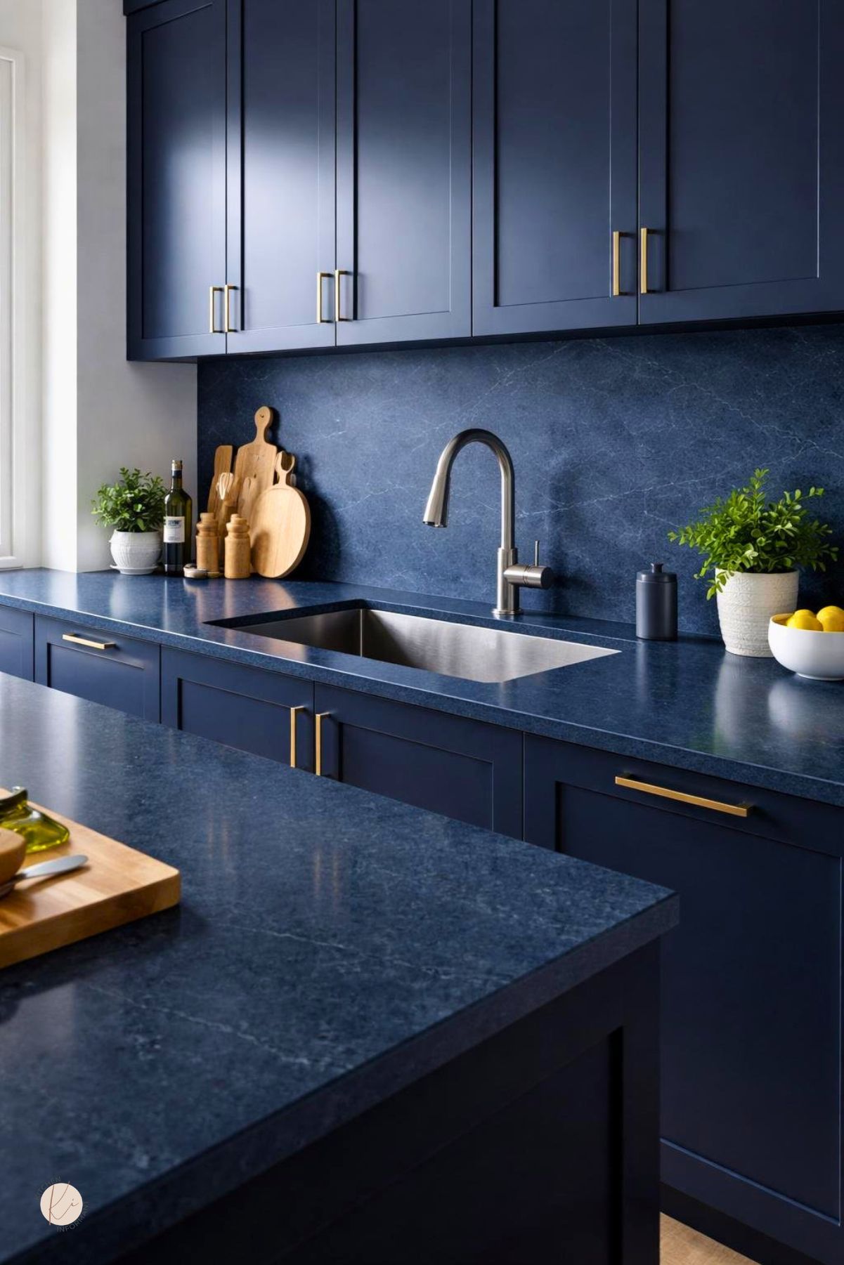 A modern kitchen with a dark blue countertop and matching backsplash, illuminated by natural light.