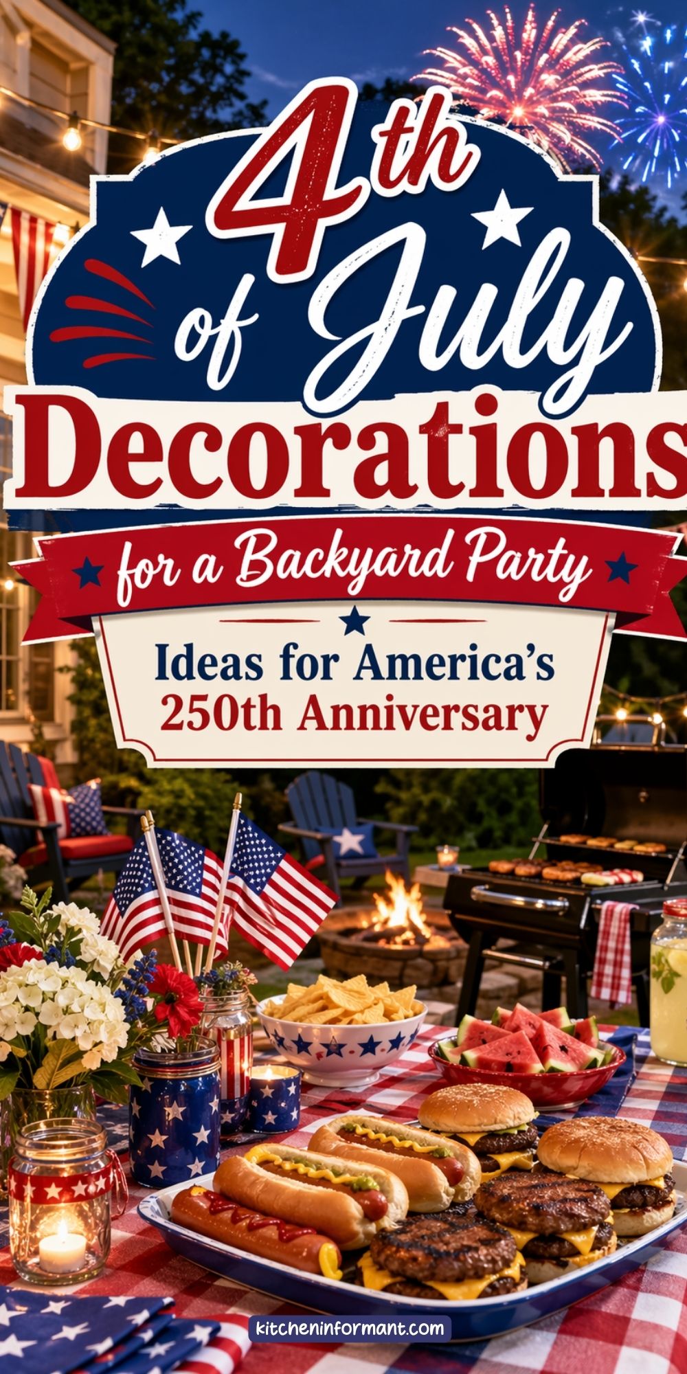 Pinterest graphic for 4th of July decorations for a backyard party. Patriotic cookout scene with burgers, hot dogs, watermelon, chips, lemonade, mini American flags, red white and blue flowers, string lights, fireworks, and a grill by a fire pit. Text says: “4th of July Decorations for a Backyard Party. Ideas for America’s 250th Anniversary.”
