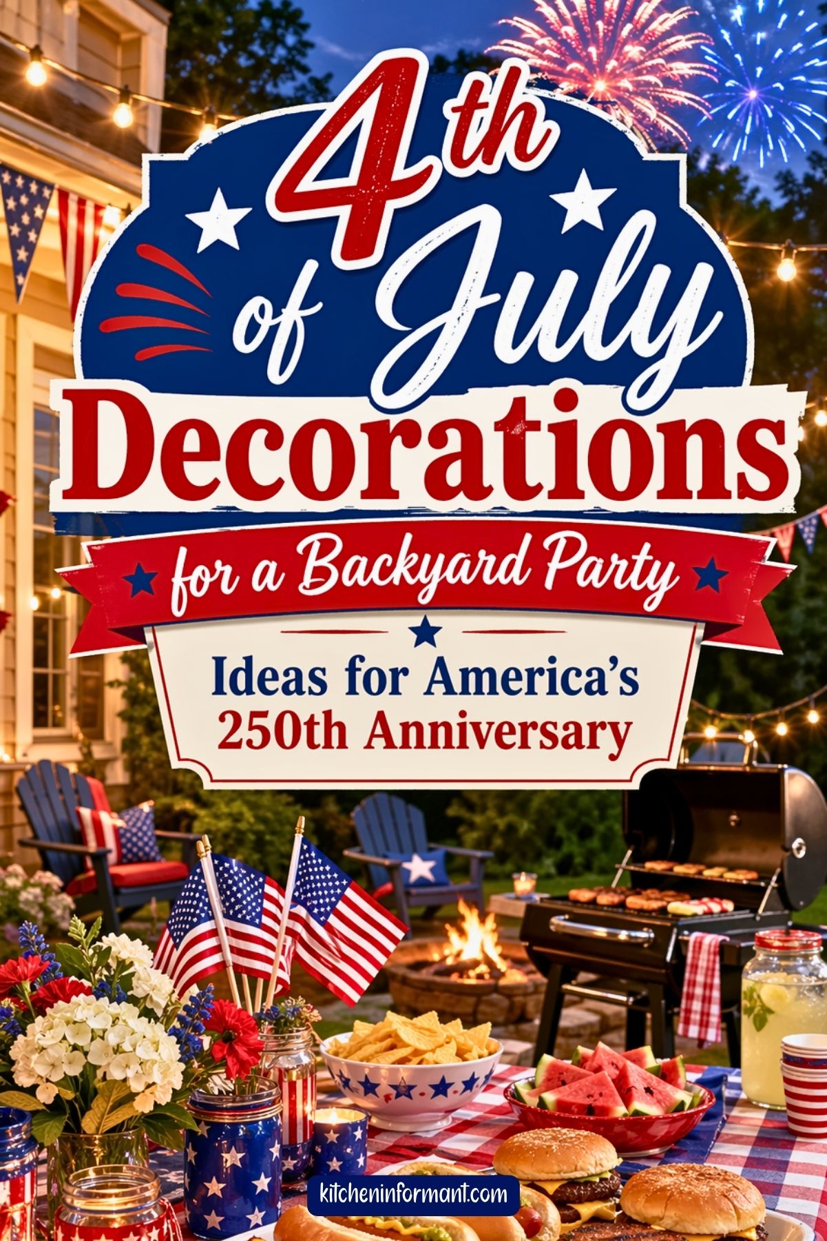 Pinterest graphic for 4th of July decorations for a backyard party. Patriotic cookout scene with burgers, hot dogs, watermelon, chips, lemonade, mini American flags, red white and blue flowers, string lights, fireworks, and a grill by a fire pit. Text says: “4th of July Decorations for a Backyard Party. Ideas for America’s 250th Anniversary.”