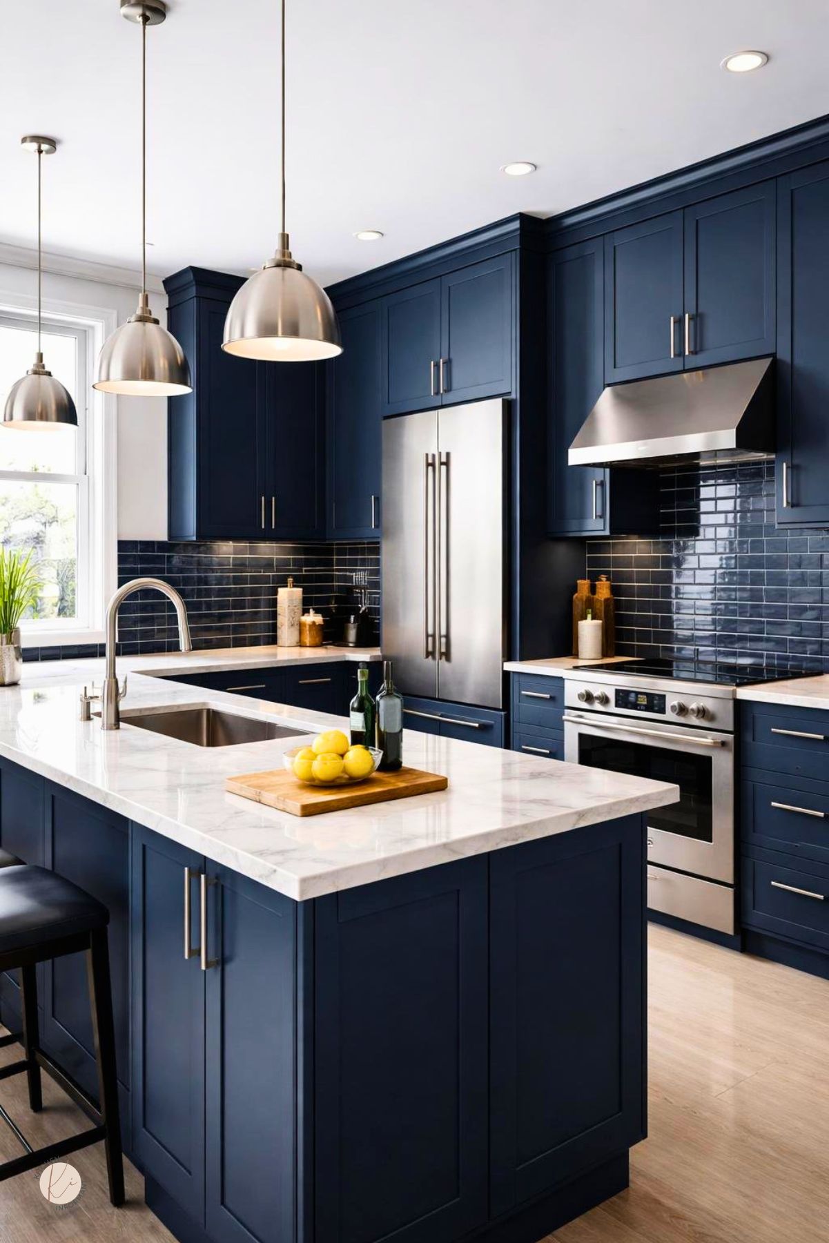 A modern kitchen with midnight blue cabinets, stainless steel fixtures, and metal accents illuminated by natural light.
