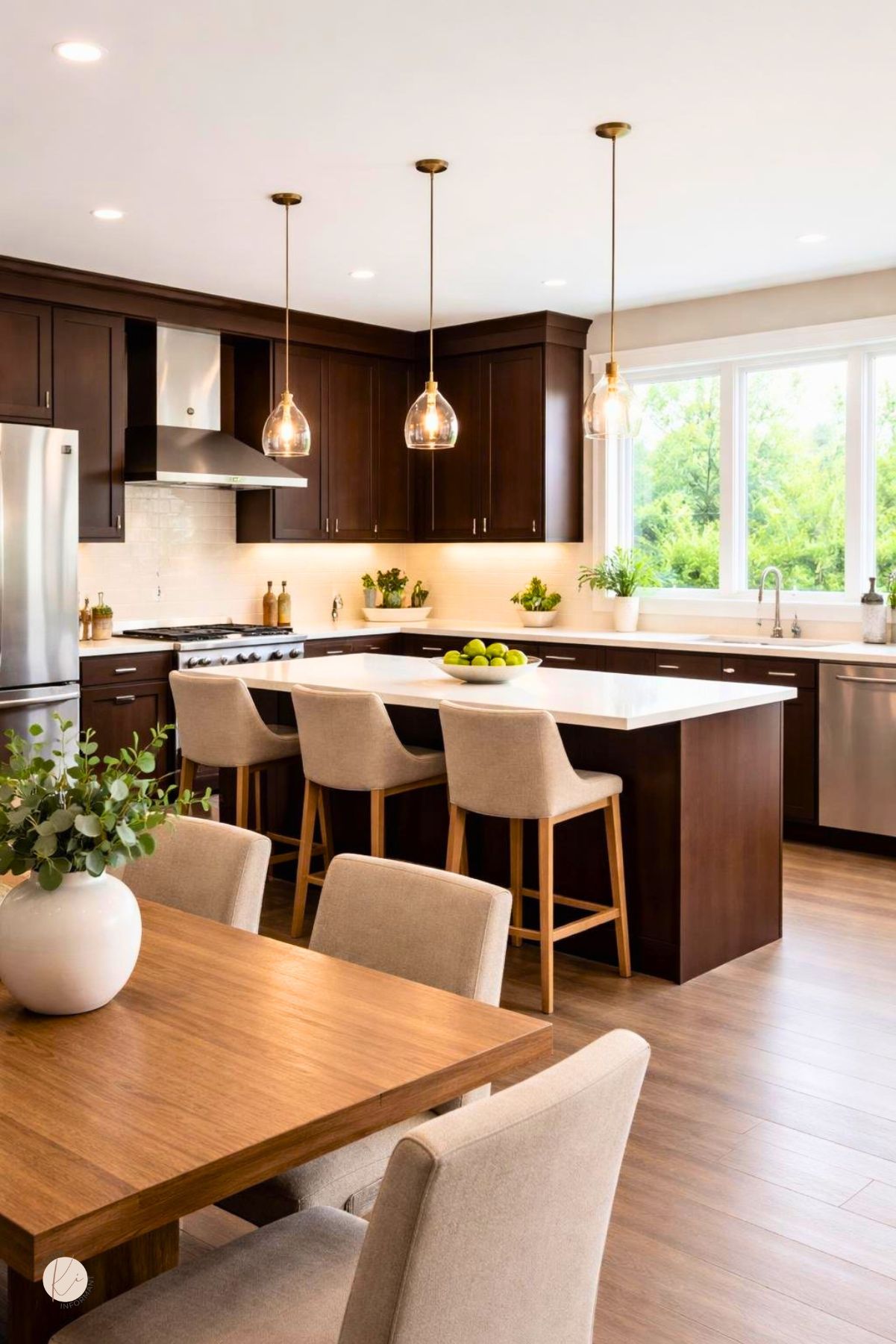 A modern kitchen with espresso brown cabinets, light countertops, stainless steel appliances, and a wooden dining table with chairs.