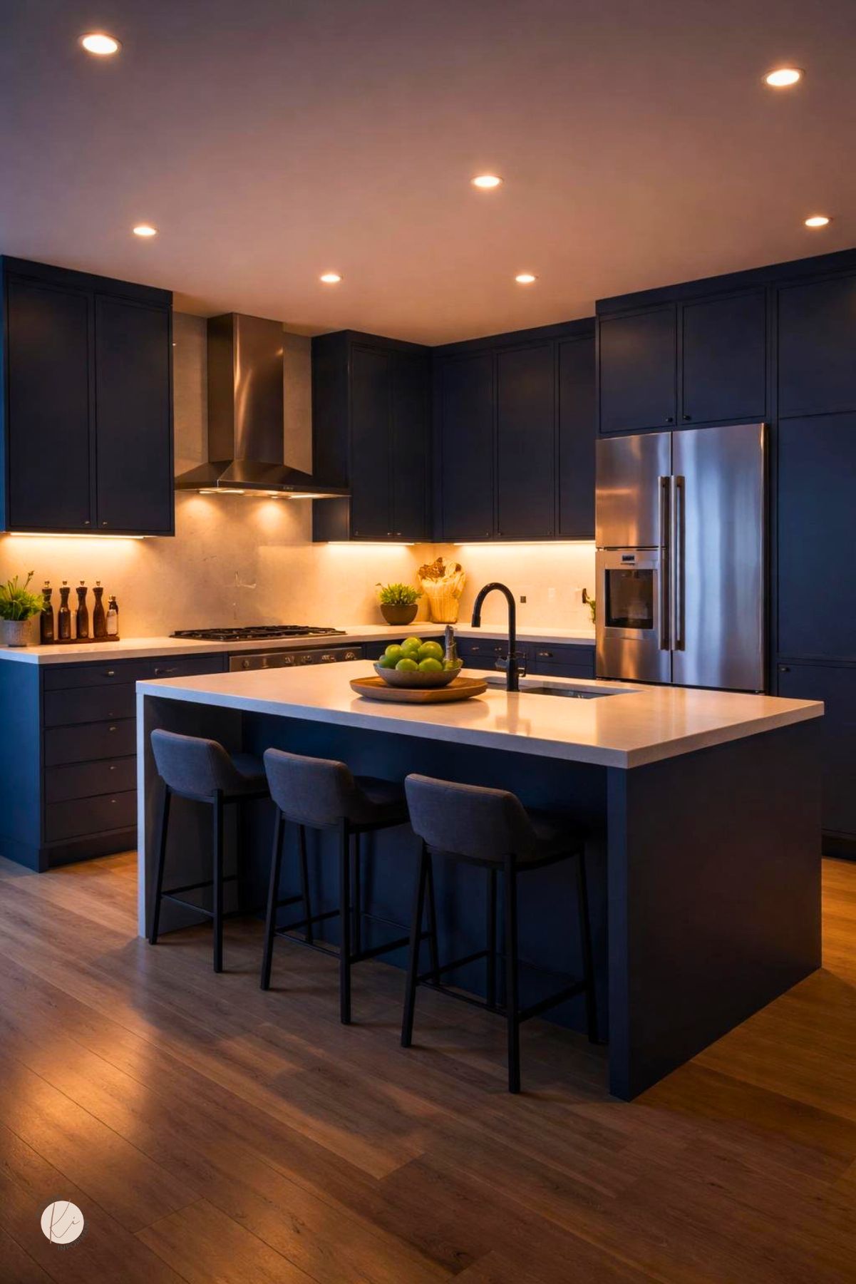 A modern kitchen with midnight blue cabinets, warm lighting, a central island, and stainless steel appliances.