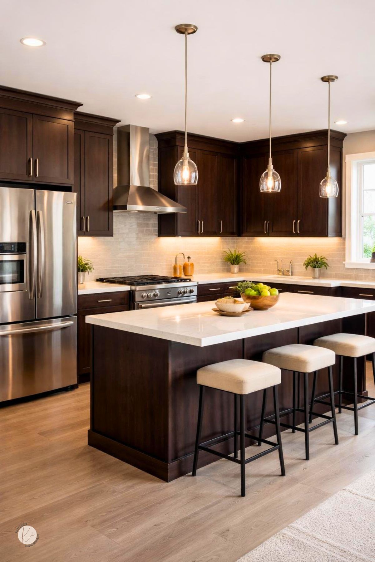 A modern kitchen with dark espresso brown cabinets, light countertops, stainless steel appliances, and a kitchen island with bar stools.