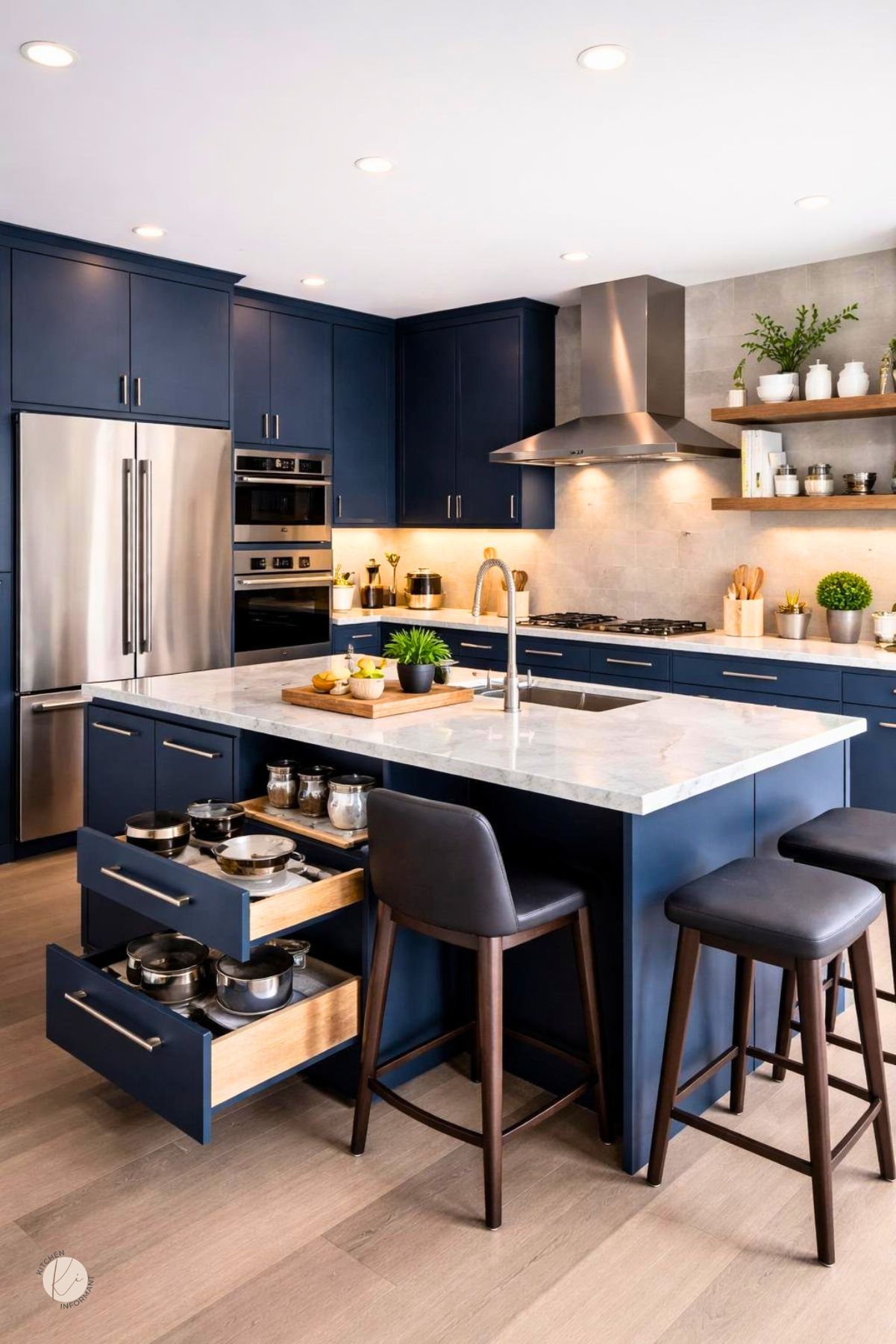 A modern kitchen with midnight blue cabinets, stainless steel appliances, a large island with bar stools, and a spacious, organized layout.