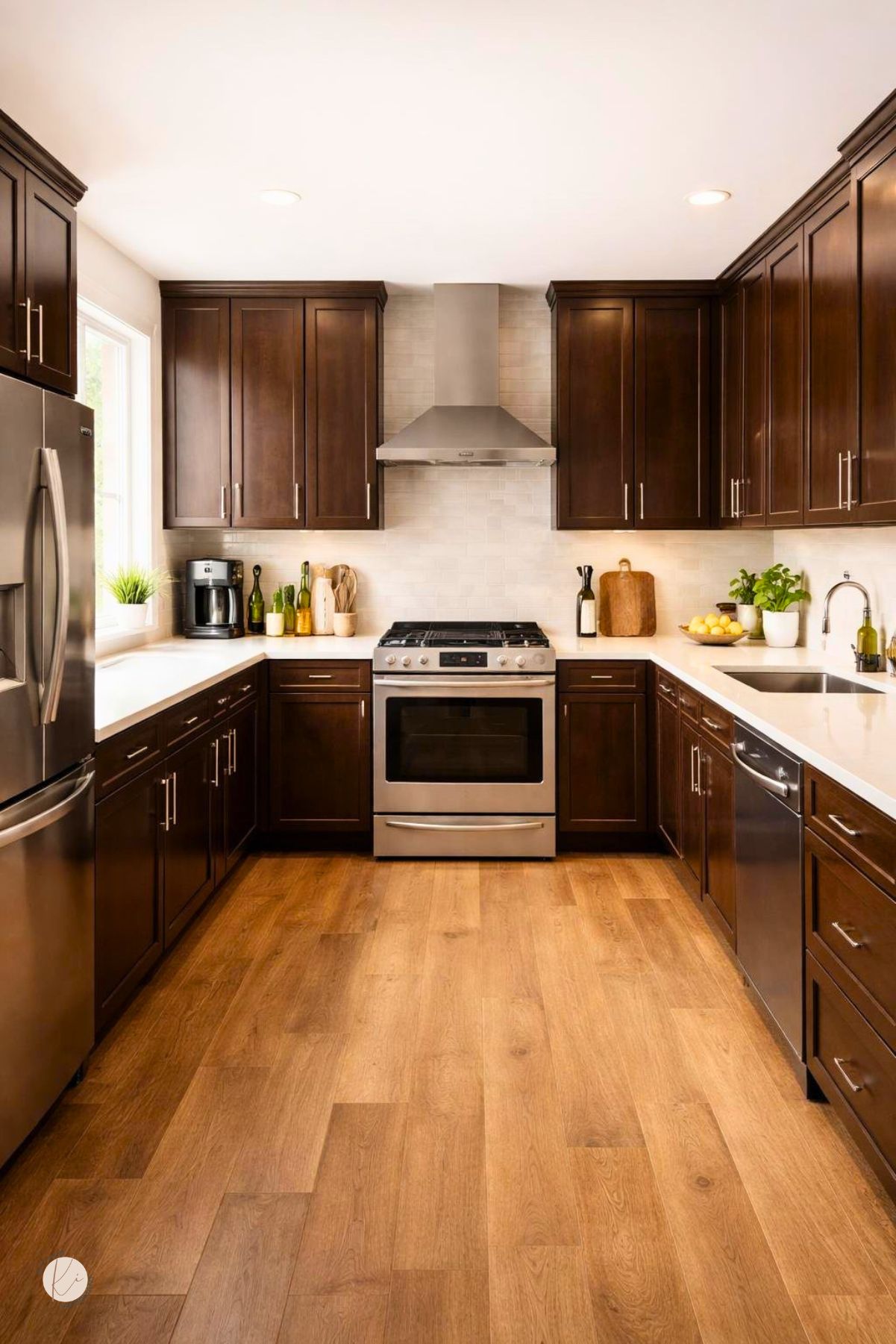 A modern espresso brown kitchen with brown cabinets, light countertops, and natural light coming through a window.
