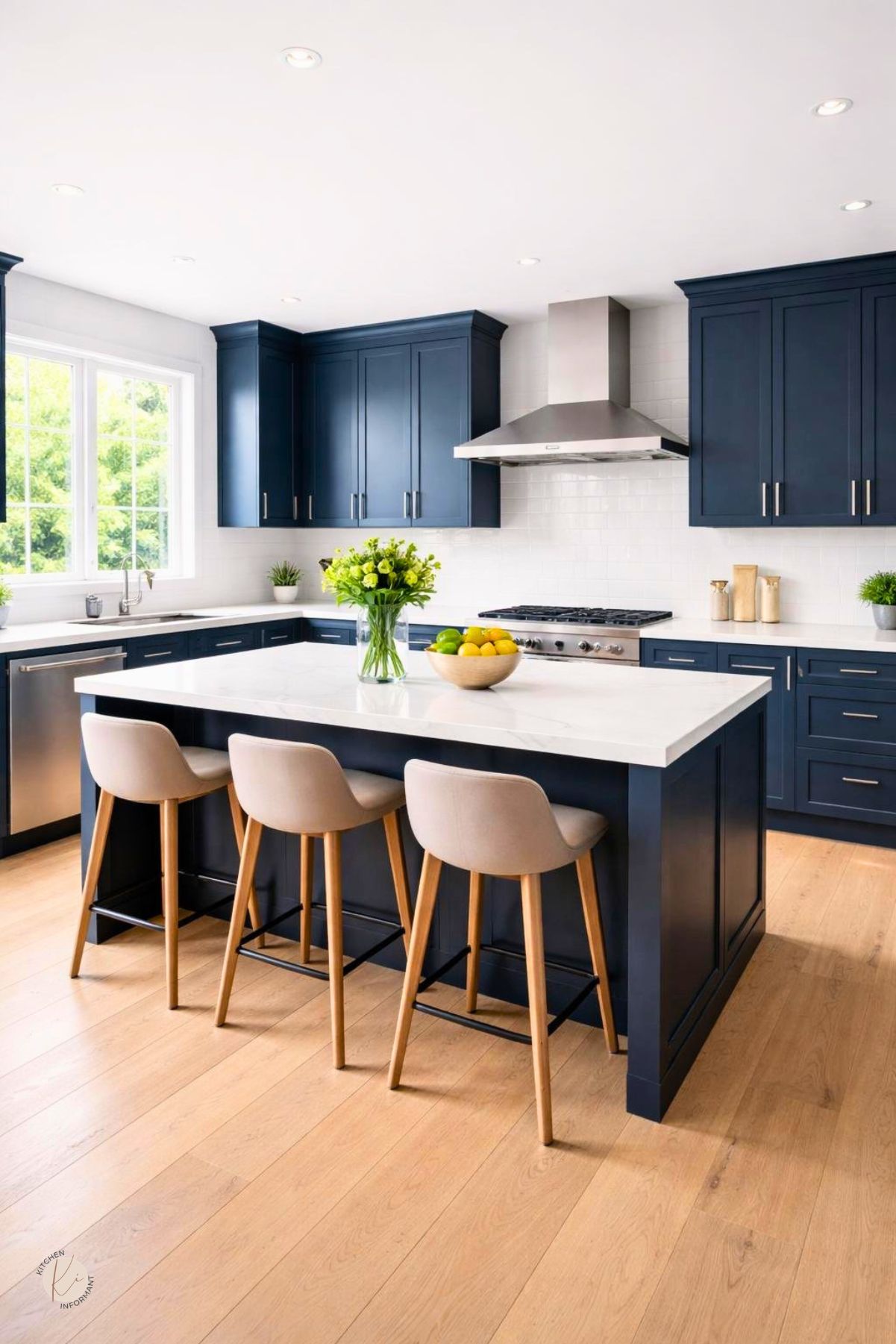 A spacious kitchen with midnight blue cabinets, white countertops, stainless steel appliances, a large island with bar stools, and natural light coming through windows.
