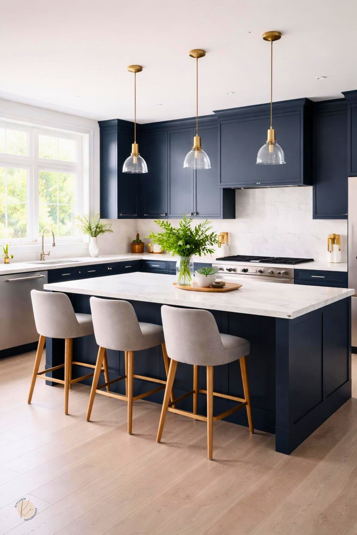 A modern kitchen with midnight blue cabinets, white countertops, stainless steel appliances, and natural light coming through large windows.