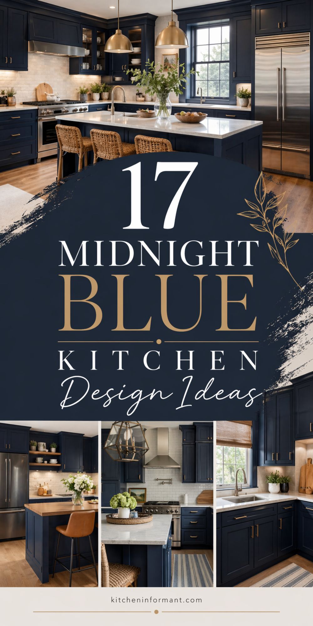 Midnight blue kitchen design ideas Pinterest graphic with navy cabinets, brass pendant lights, marble countertops, woven stools, stainless steel appliances, and text reading “17 Midnight Blue Kitchen Design Ideas” and “kitcheninformant.com.”