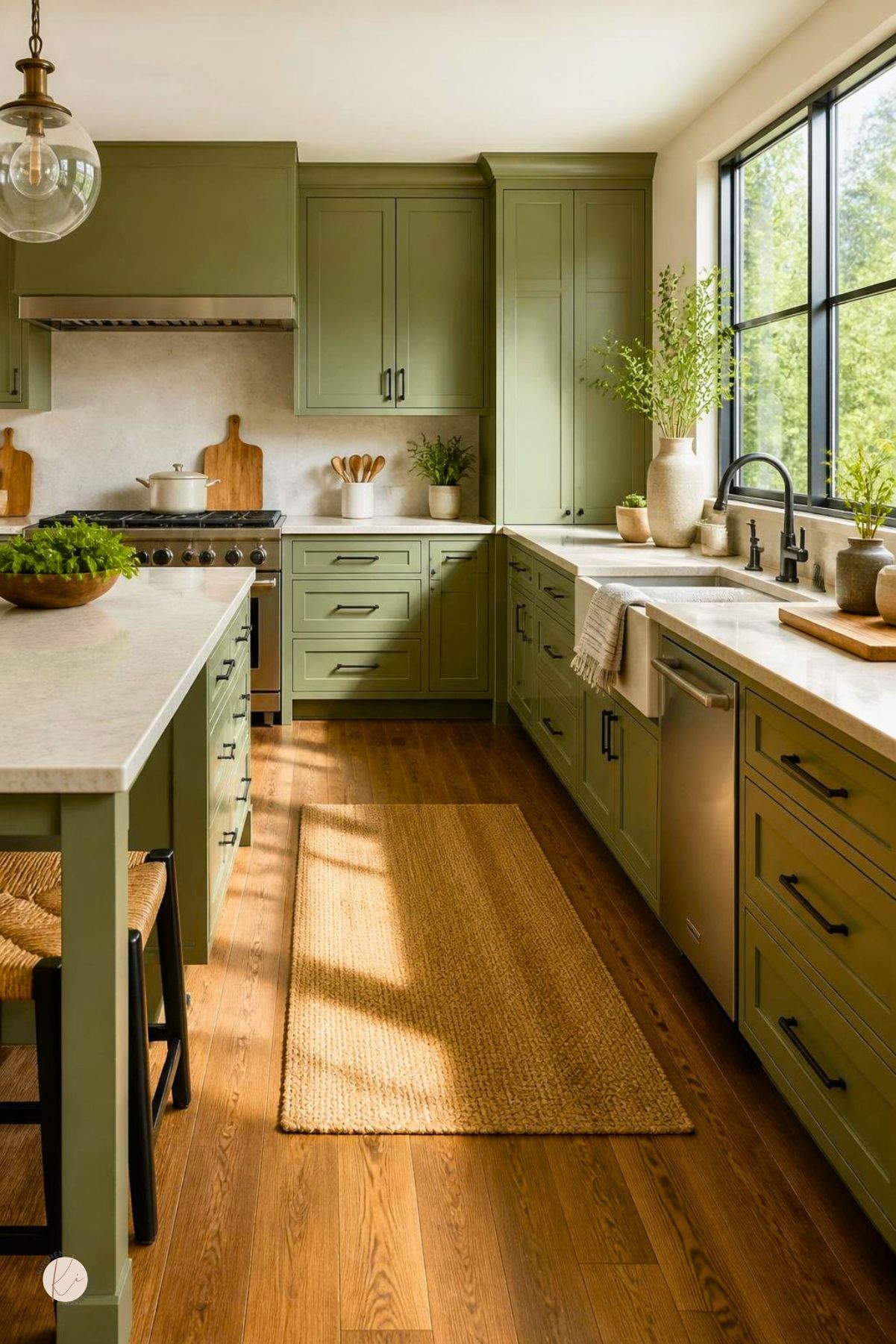 Sage green kitchen with wood floors, white countertops, shaker cabinets, black hardware, stainless steel appliances, black-framed windows, farmhouse sink, jute runner rug, glass pendant light, woven stool, and warm natural sunlight.