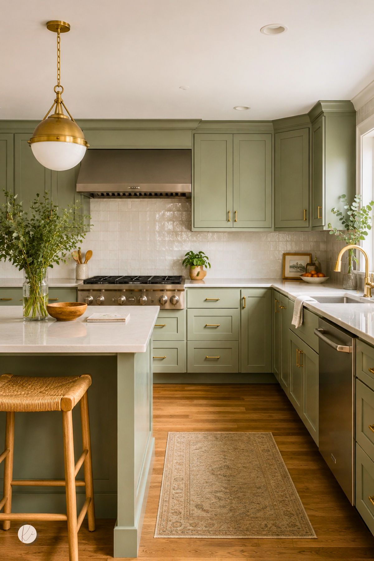 Sage green kitchen with wood floors, white countertops, brass hardware, a white tile backsplash, stainless range, farmhouse sink, brass pendant light, woven wood stool, greenery, and a soft patterned runner rug.
