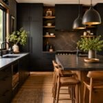 Black kitchen with warm wood accents, matte black cabinets, dark stone countertops, wood island, wooden bar stools, open shelves, pendant lights, greenery, and warm hardwood floors.