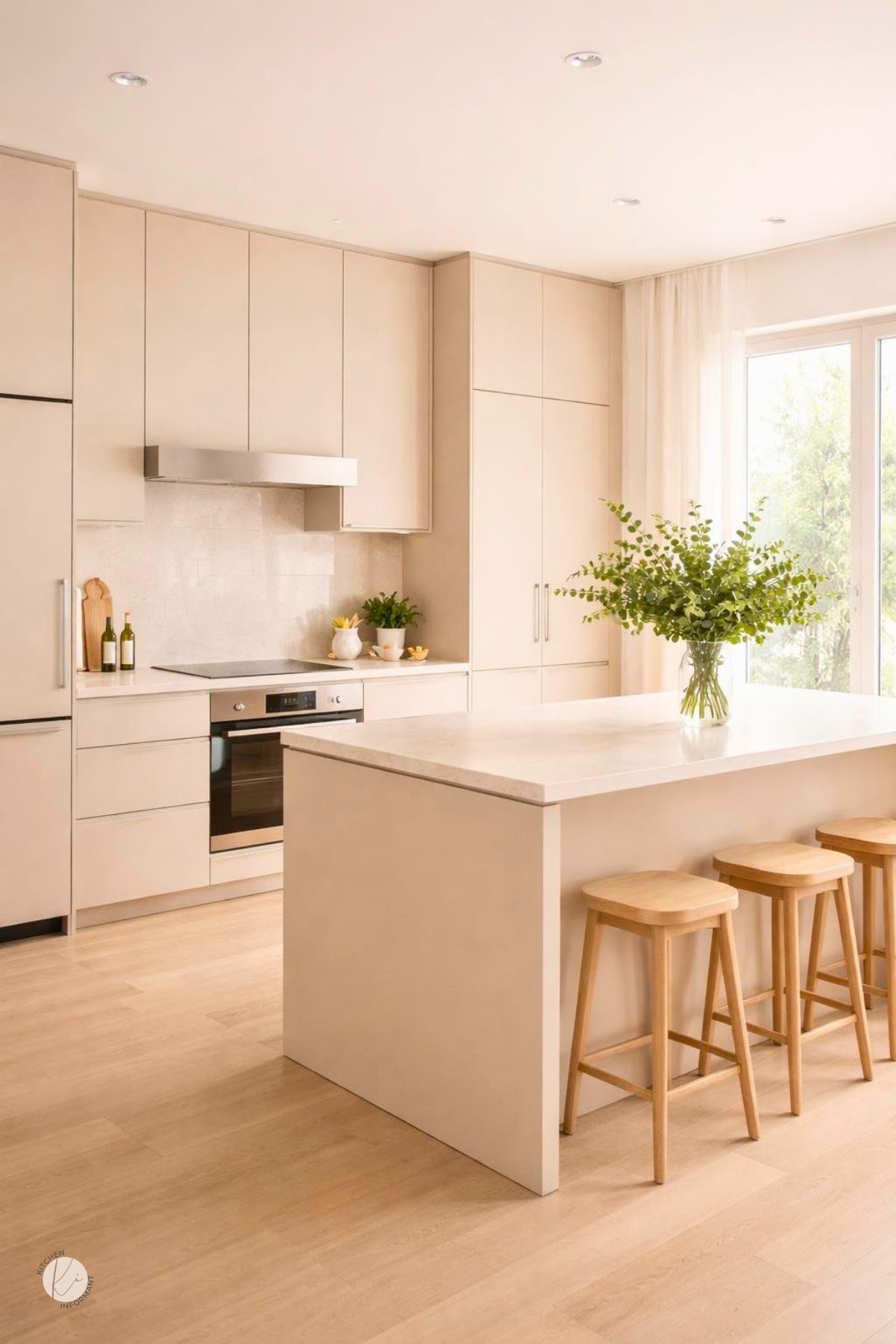 A bright kitchen with creamy beige cabinets, light countertops, stainless steel appliances, and a kitchen island with a plant.