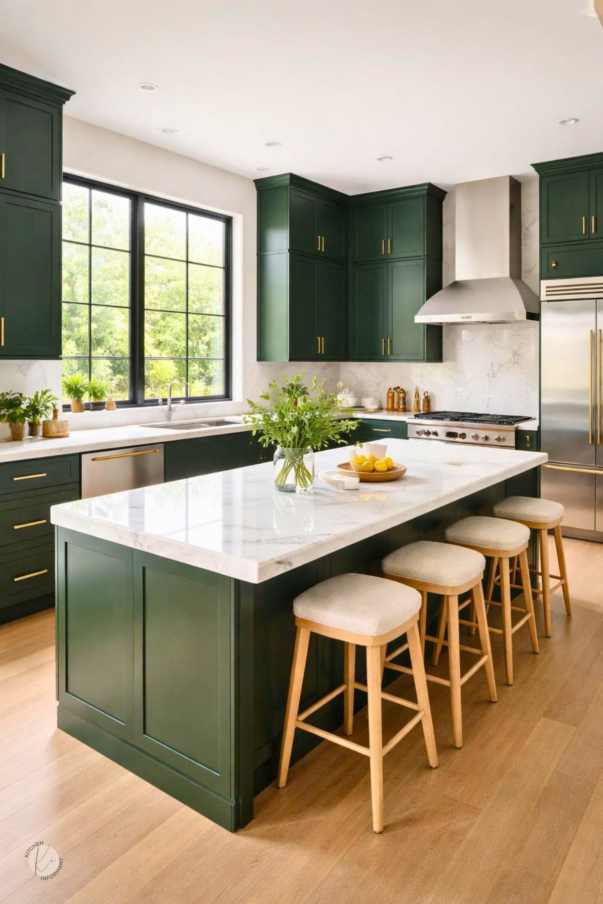 A spacious kitchen with deep green cabinets, white marble countertops, and stainless steel appliances illuminated by natural light.