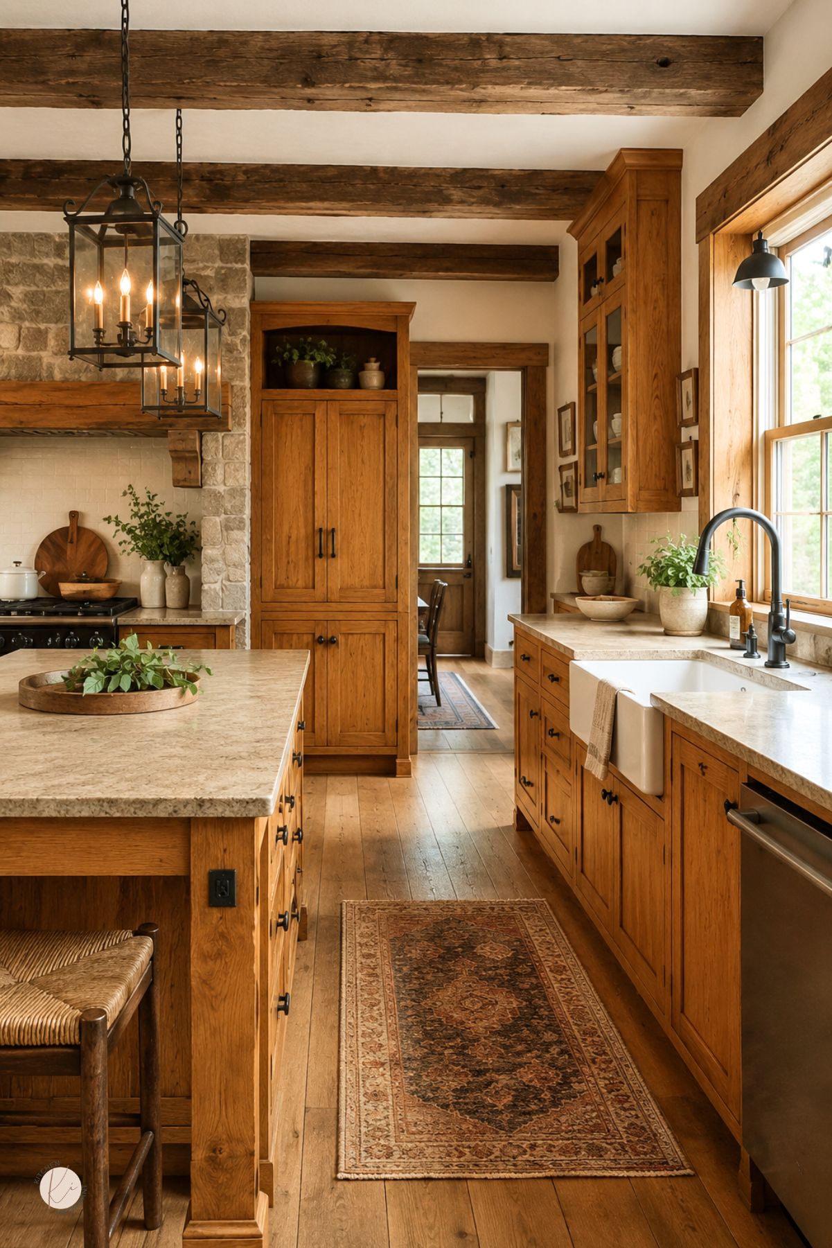 Rustic kitchen with honey oak cabinets, exposed wood beams, stone range surround, lantern pendant lights, beige countertops, farmhouse sink, black hardware, wood floors, and a patterned runner rug.