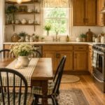 Cottage kitchen with honey oak cabinets, beadboard backsplash, open wood shelves, floral curtains, and a farmhouse table with black chairs, gingham cushions, daisies, and warm pendant lighting.