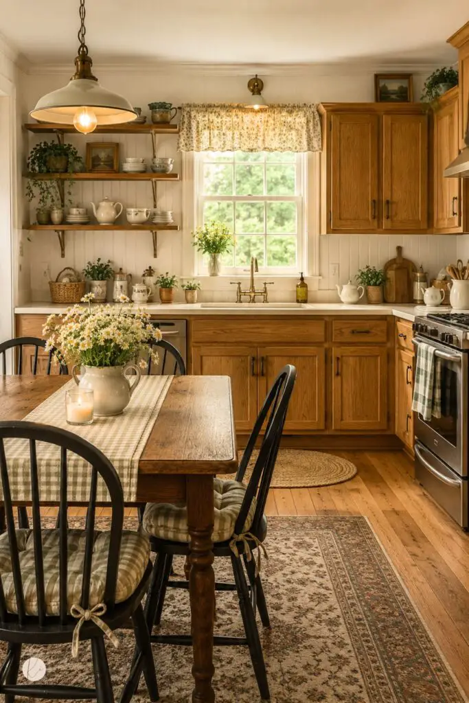 Cottage kitchen with honey oak cabinets, beadboard backsplash, open wood shelves, floral curtains, and a farmhouse table with black chairs, gingham cushions, daisies, and warm pendant lighting.