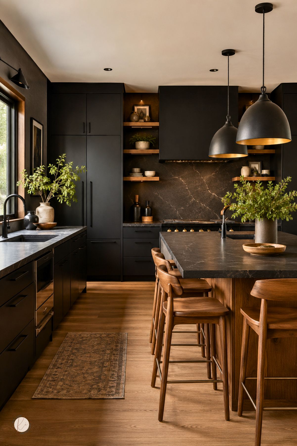Black kitchen with warm wood accents, matte black cabinets, dark stone countertops, wood island, wooden bar stools, open shelves, pendant lights, greenery, and warm hardwood floors.