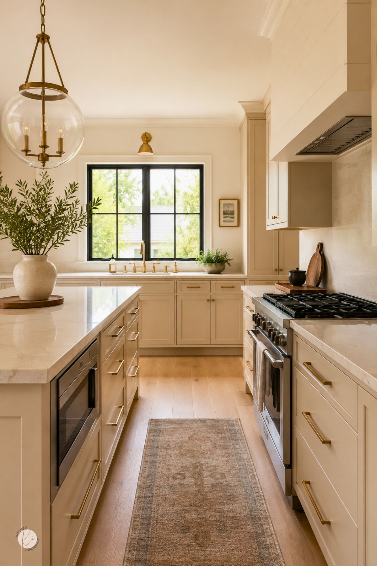 Creamy beige galley kitchen with shaker cabinets, brass hardware, marble countertops, a large island, and a white shiplap range hood. A black-framed window, glass globe pendant, wood floors, runner rug, and greenery add warm French country kitchen style.