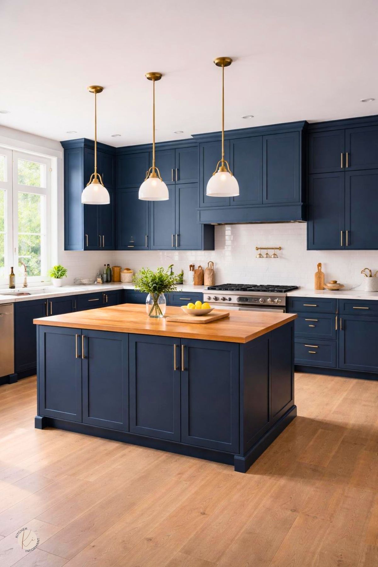 Moody blue kitchen with dark blue cabinets, a large blue island, butcher block countertop, brass hardware, white pendant lights, white subway tile backsplash, stainless range, and light wood flooring.