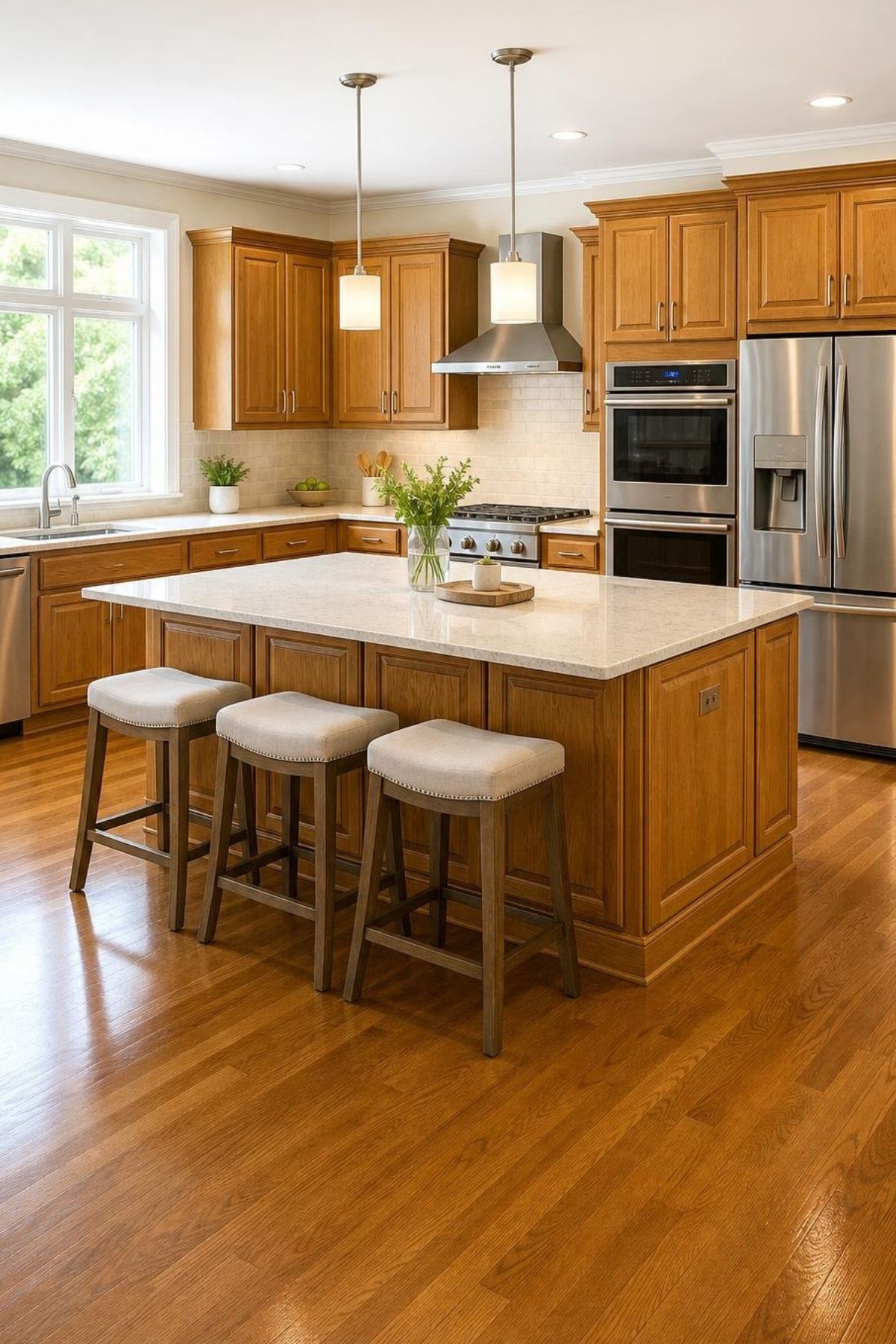 Traditional kitchen with honey oak cabinets, white countertops, large island, upholstered bar stools, pendant lights, stainless steel appliances, beige tile backsplash, hardwood floors, and a bright window over the sink.