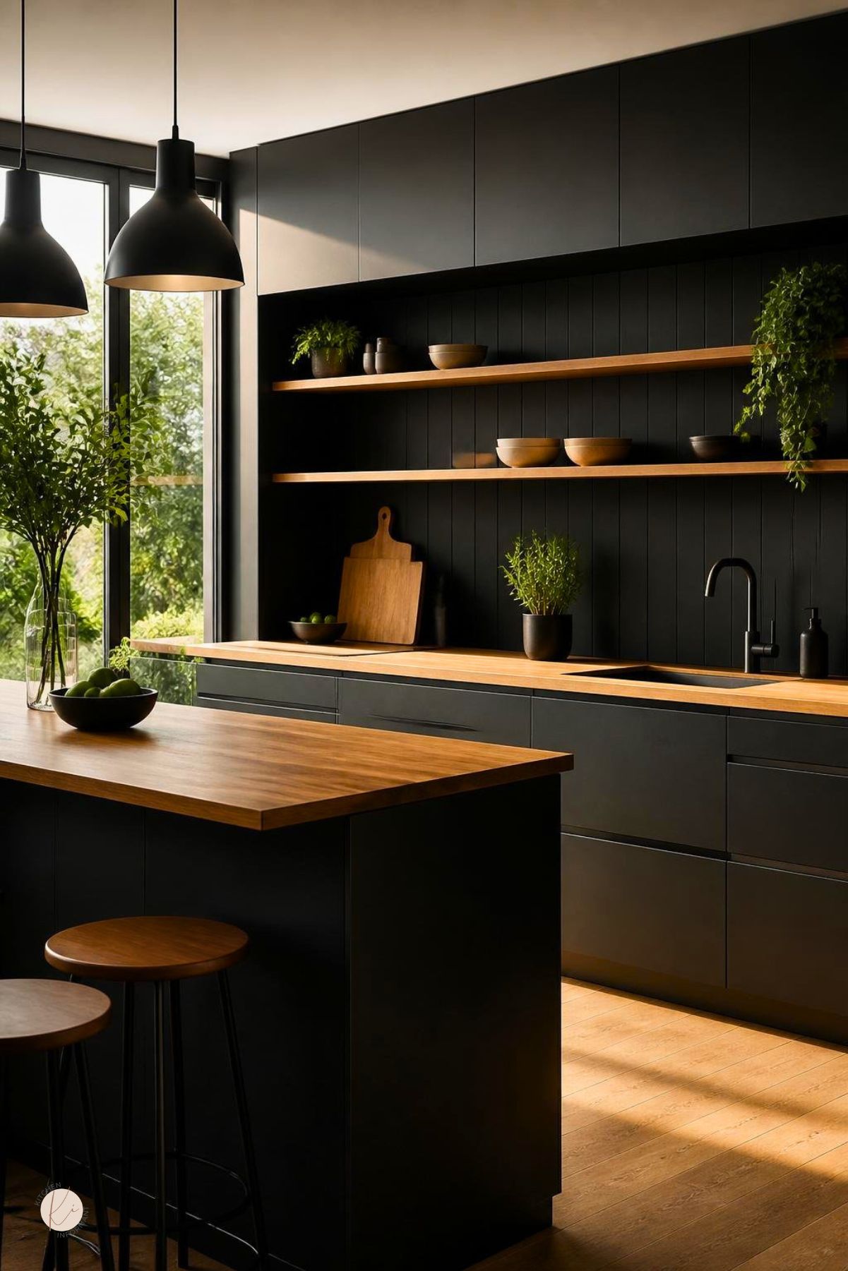 Black modern kitchen with warm wood accents, flat-panel cabinets, wood countertops, floating shelves, black vertical backsplash, black pendant lights, wood island, round stools, large windows, plants, and warm wood flooring.
