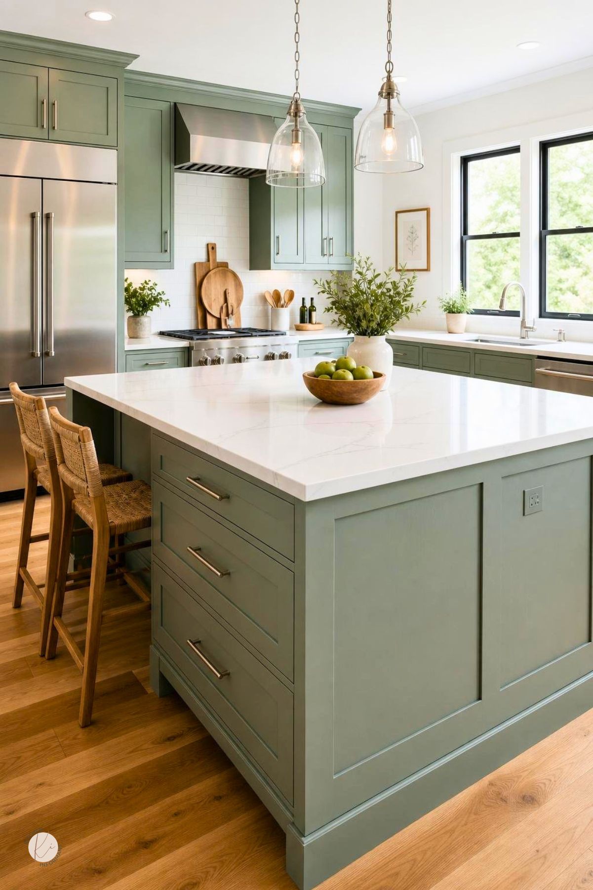 Sage green kitchen with wood floors, white countertops, shaker cabinets, stainless steel range hood and refrigerator, glass pendant lights, large island with seating, woven chairs, black-framed windows, and greenery.