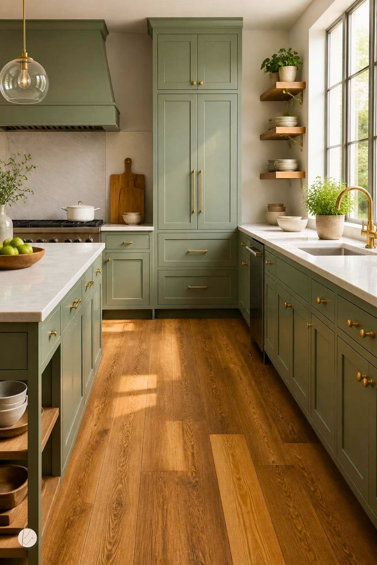 Sage green kitchen with wood floors, white countertops, brass hardware, large range hood, tall pantry cabinet, floating wood shelves, farmhouse sink, globe pendant light, stainless appliances, potted herbs, and warm sunlight.