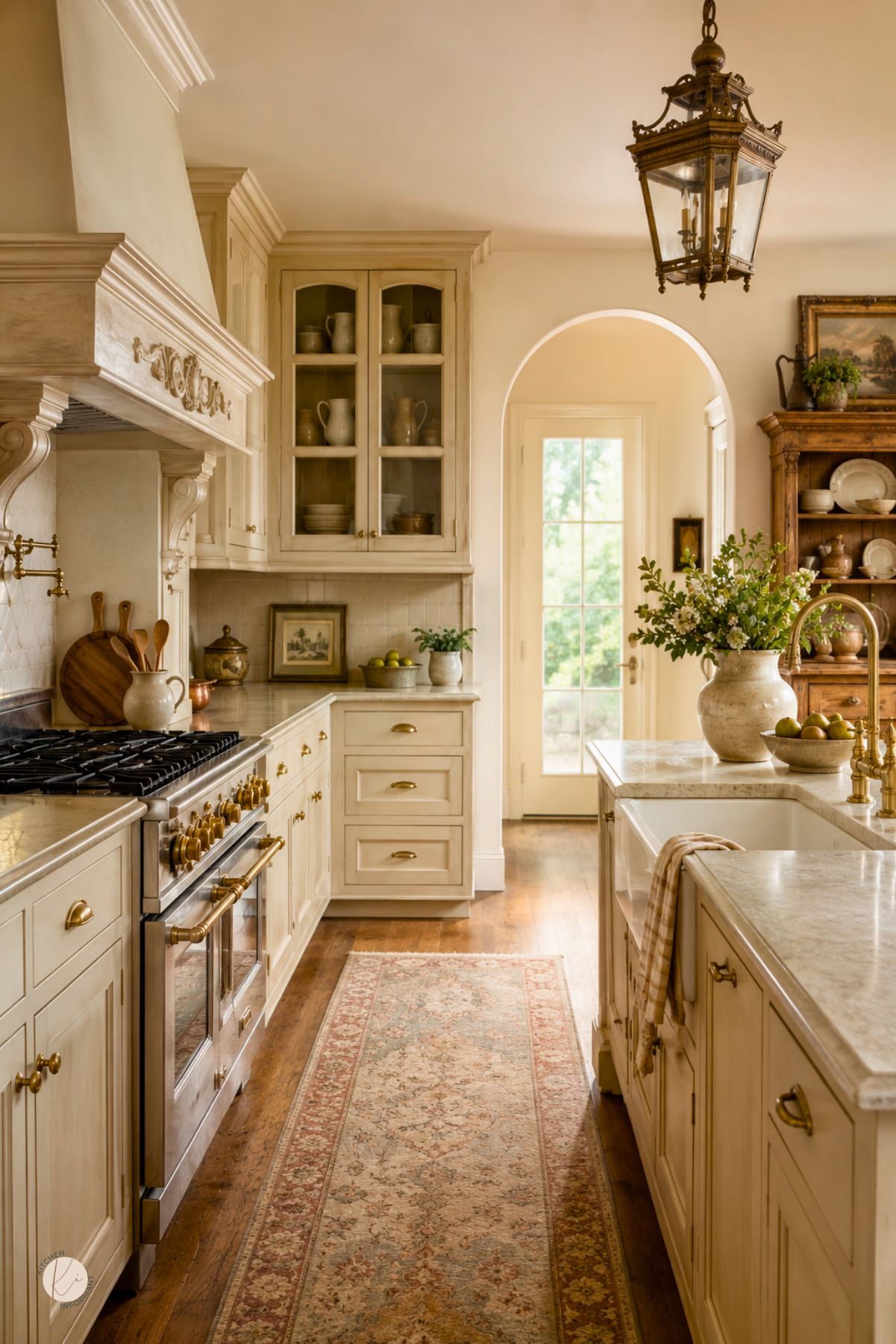 Creamy beige French country kitchen with ornate range hood, glass-front cabinets, brass hardware, marble countertops, and a large island with farmhouse sink. A vintage lantern pendant, arched doorway, wood floors, patterned runner rug, and greenery add warm traditional kitchen charm.