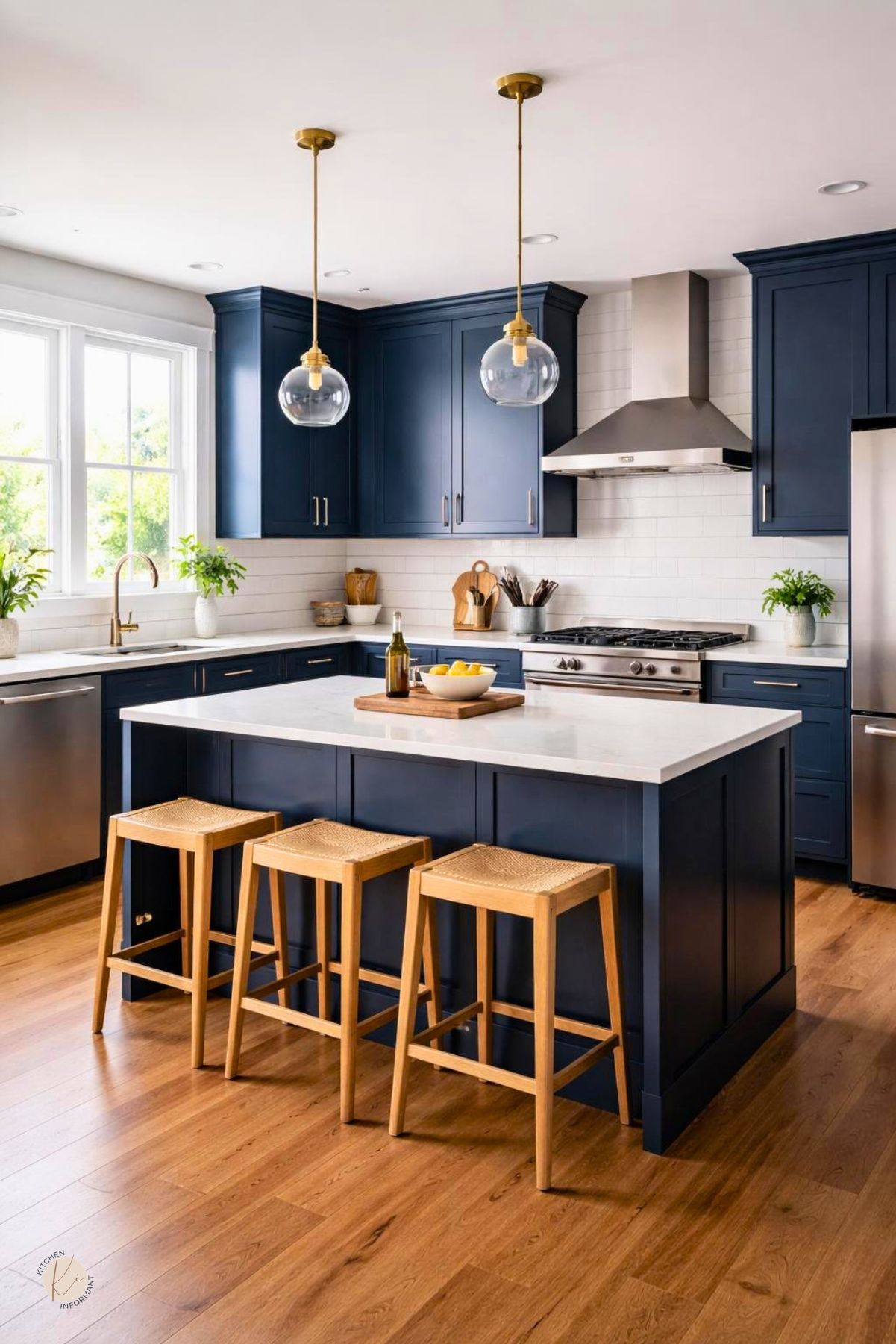 Moody blue kitchen with dark blue cabinets, a large navy island, white countertops, brass hardware, glass pendant lights, stainless appliances, woven wood stools, white subway tile backsplash, and warm wood flooring.