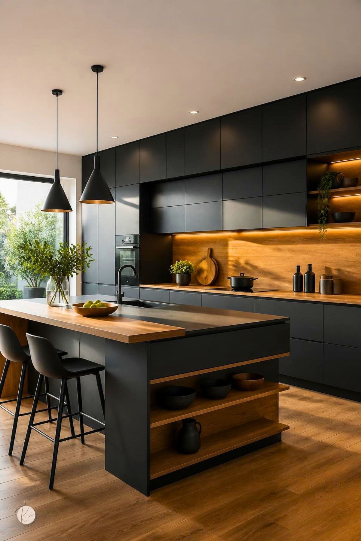 Black contemporary kitchen with warm wood accents, flat-panel cabinets, wood backsplash, under-cabinet lighting, large island with open wood shelving, black pendant lights, black bar stools, plants, and warm wood flooring.