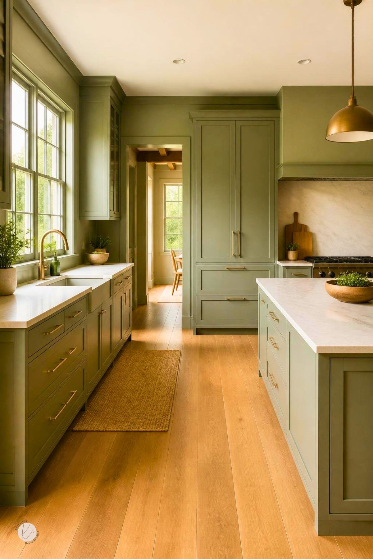 Sage green kitchen with wood floors, white countertops, brass hardware, tall pantry cabinet, large island, brass pendant light, range hood, farmhouse sink, big windows, jute runner rug, and warm natural sunlight.