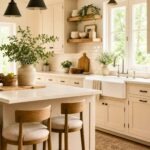Creamy beige farmhouse kitchen with shaker cabinets, black hardware, wood floating shelves, white tile backsplash, and a farmhouse sink under bright windows. A large island with wood stools, black pendant lights, greenery, and warm wood accents adds cozy cottage kitchen style.