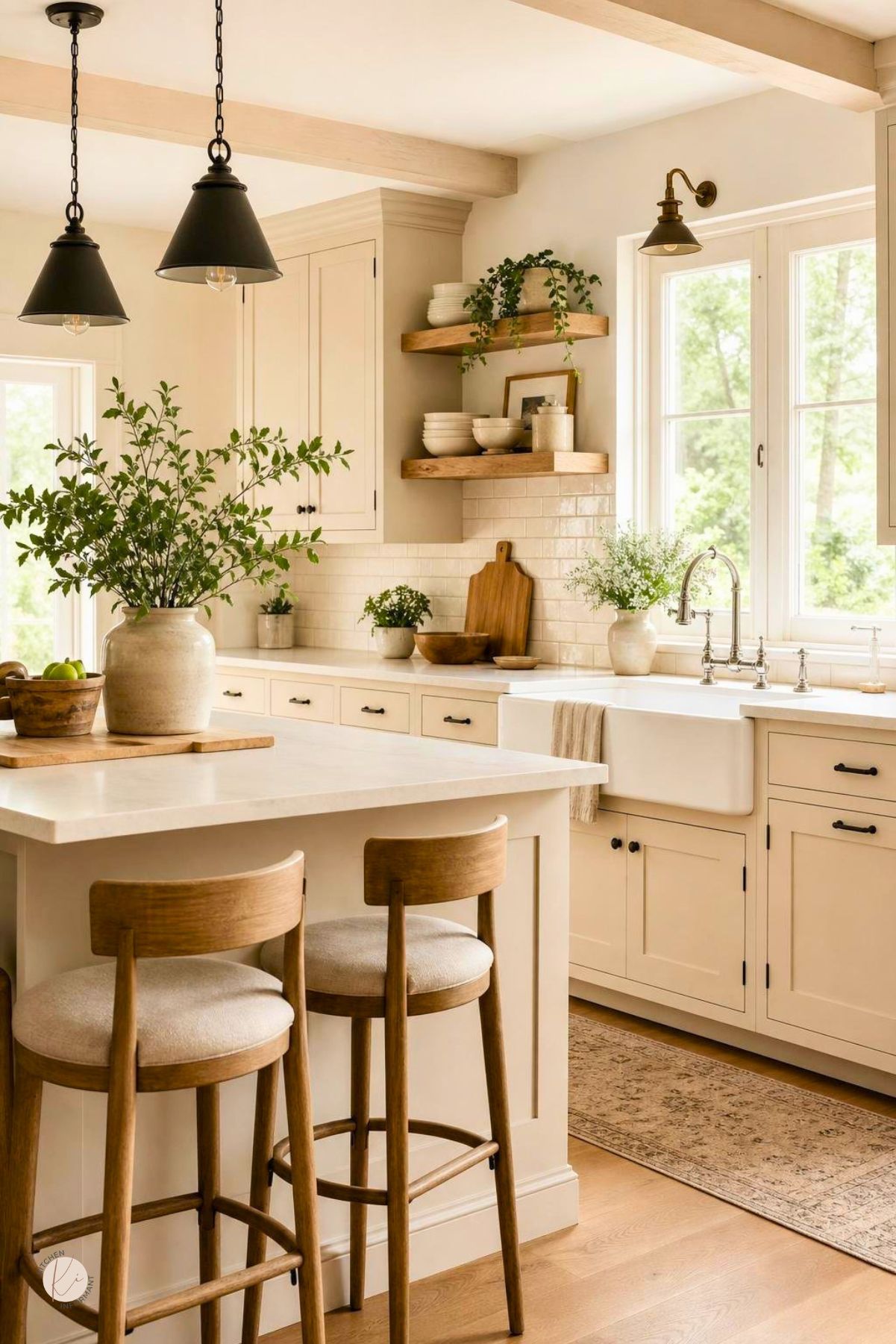 Creamy beige farmhouse kitchen with shaker cabinets, black hardware, wood floating shelves, white tile backsplash, and a farmhouse sink under bright windows. A large island with wood stools, black pendant lights, greenery, and warm wood accents adds cozy cottage kitchen style.