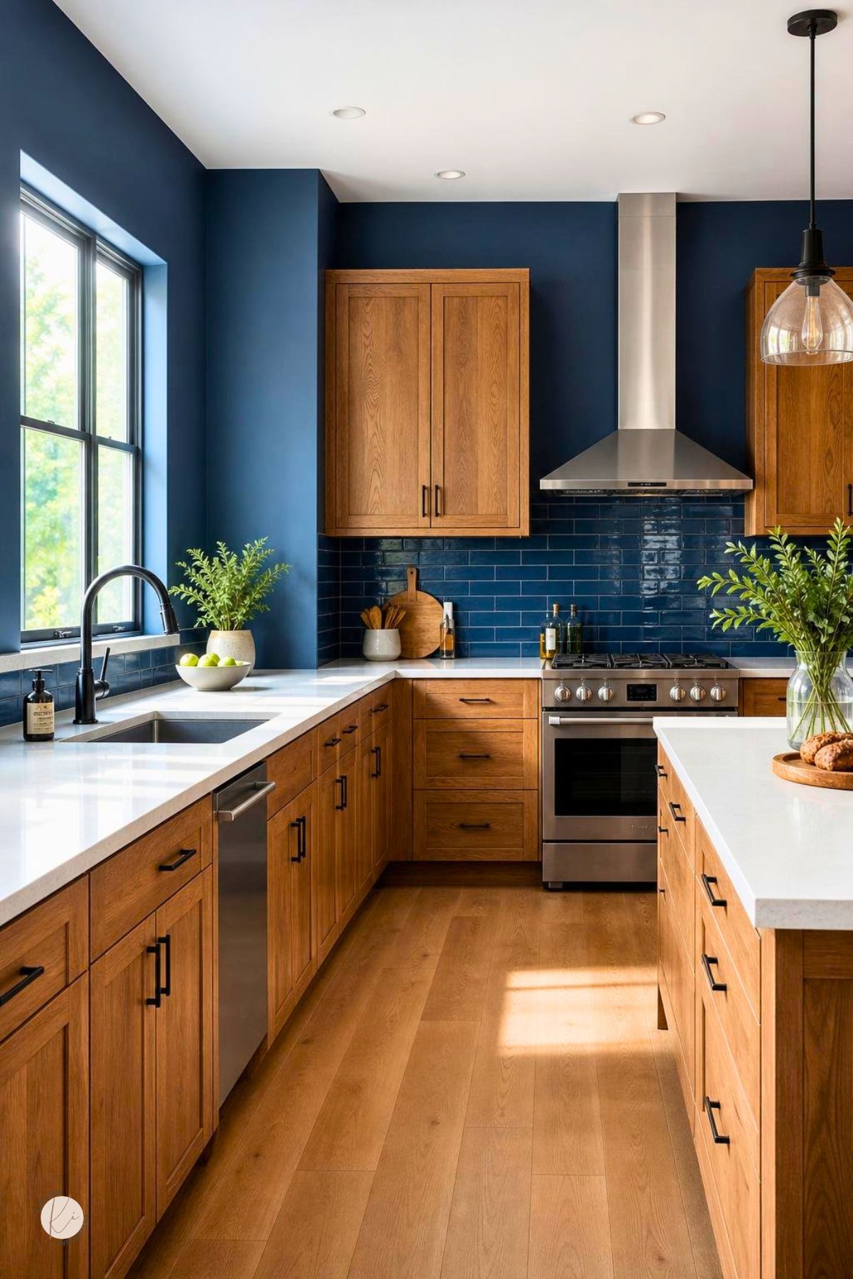 Moody blue kitchen with oak cabinets, white countertops, glossy blue subway tile backsplash, stainless range hood, black hardware, black faucet, large island, glass pendant light, and light wood flooring.