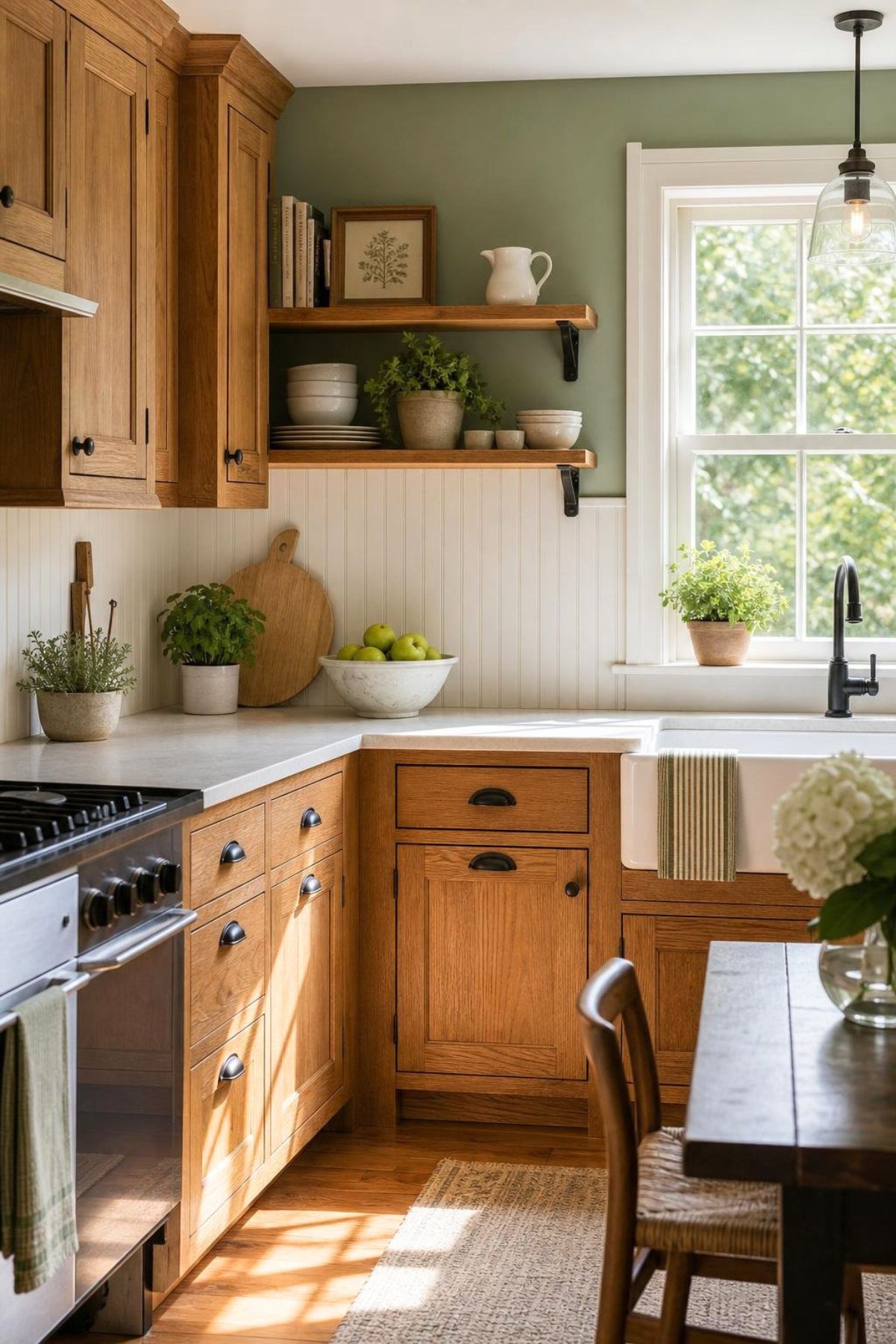 Sage green cottage kitchen with honey oak cabinets, white beadboard backsplash, open wood shelves, farmhouse sink, black faucet, potted herbs, green apples, and warm sunlight on wood floors.