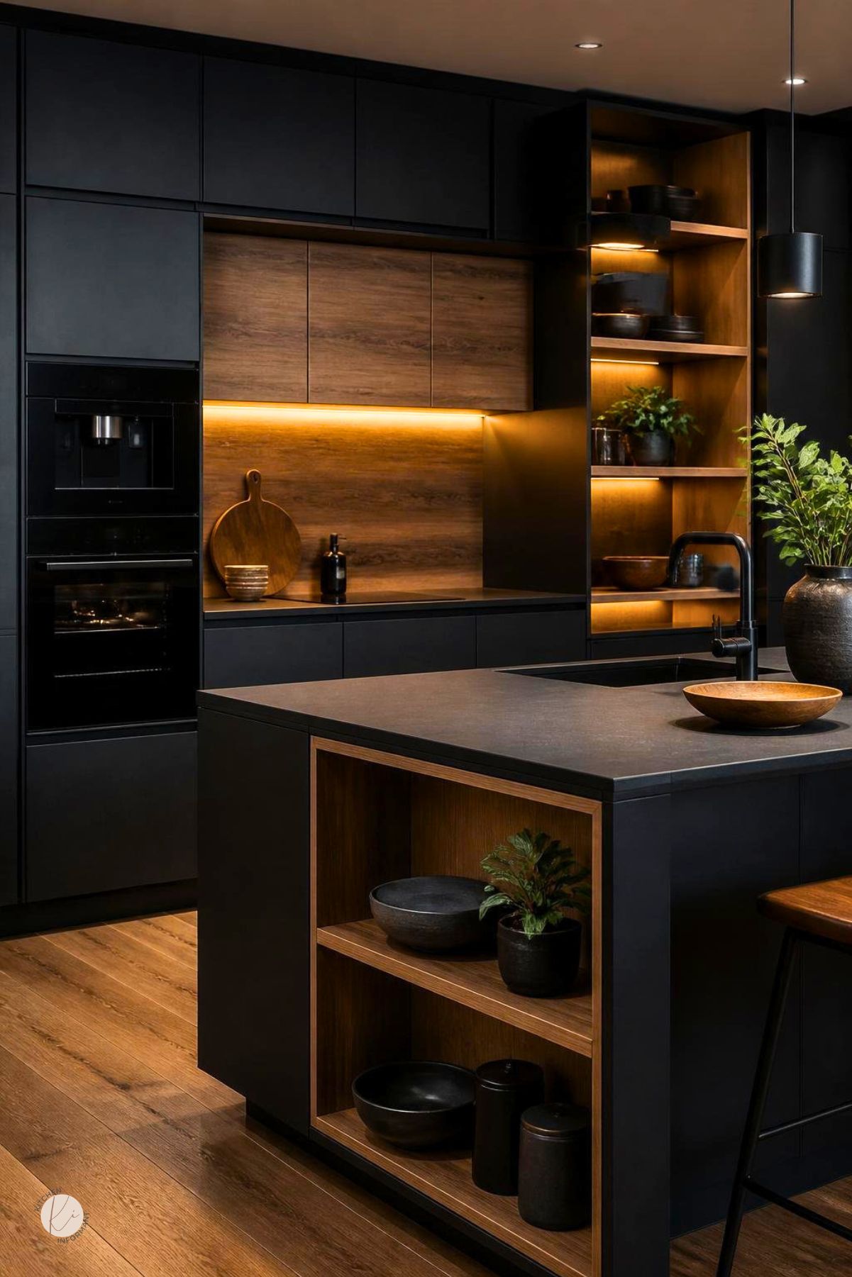 Black modern kitchen with warm wood accents, flat-panel cabinets, wood backsplash, lit open shelving, black wall ovens, large island with wood storage shelves, black faucet, pendant light, plants, and warm wood flooring.