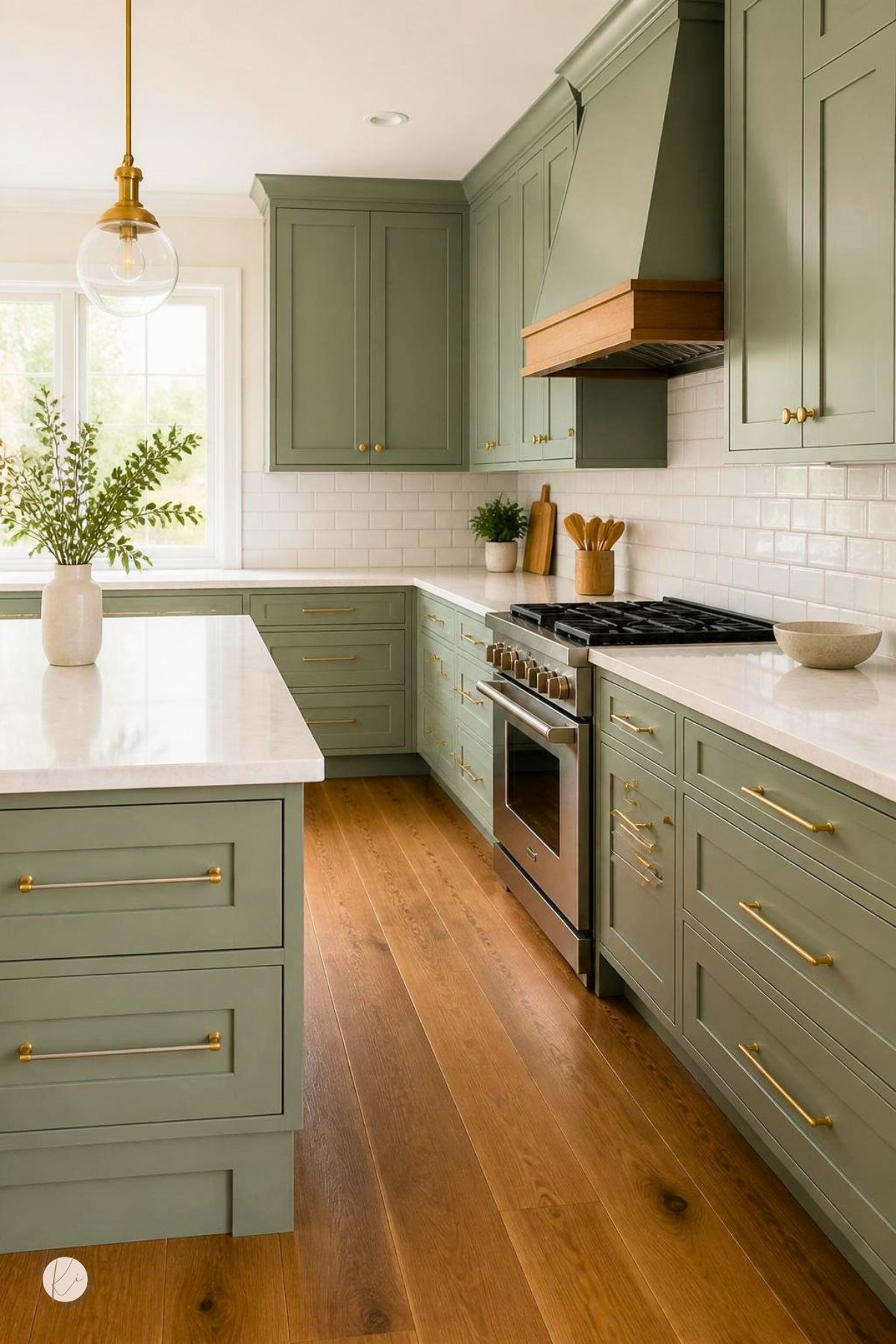 Sage green kitchen with wood floors, white countertops, brass hardware, white subway tile backsplash, large island, glass globe pendant light, stainless range, sage range hood with wood trim, and soft natural light.