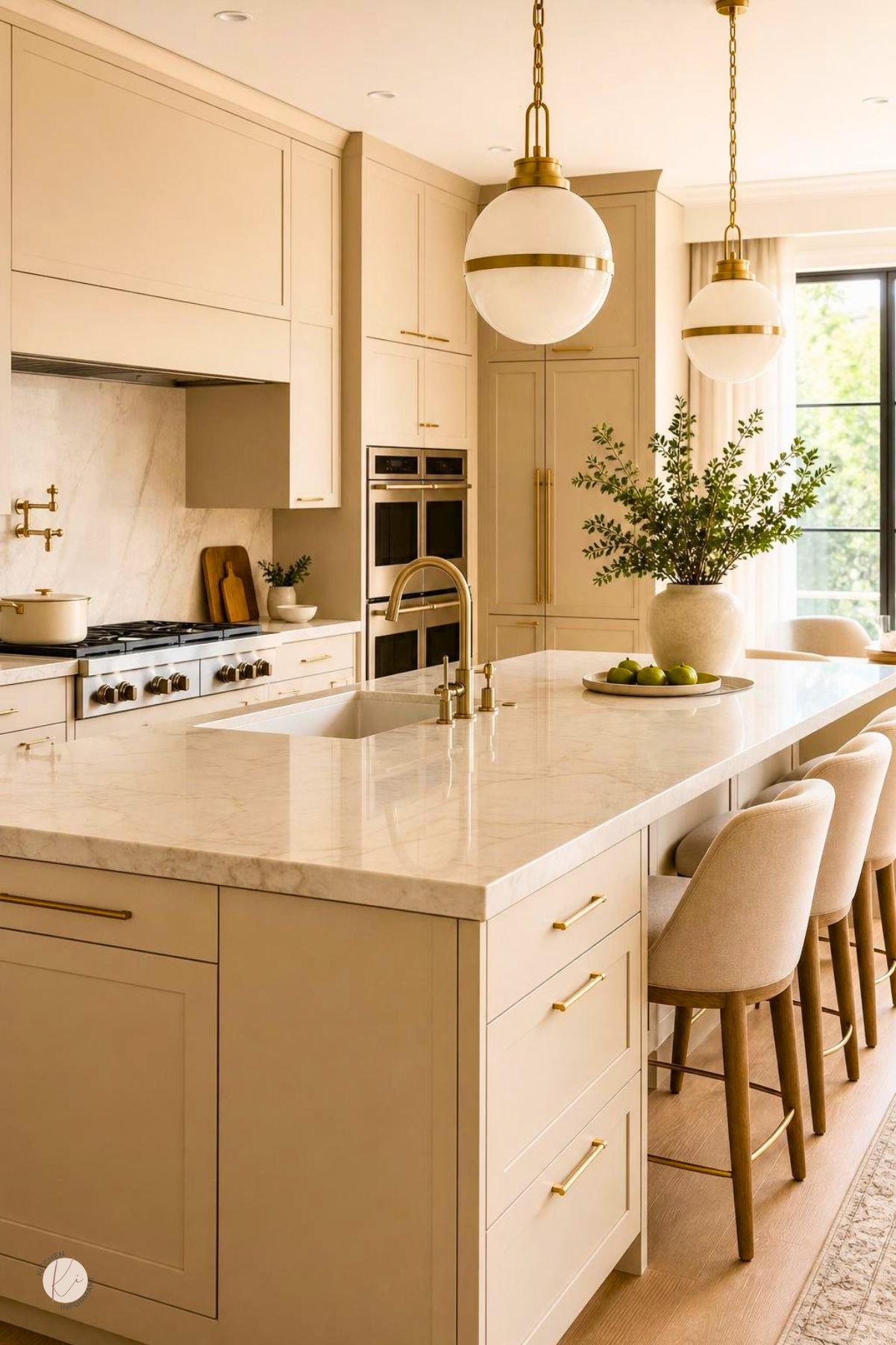 Creamy beige contemporary kitchen with flat-panel cabinets, brass hardware, marble countertops, and a large waterfall island with upholstered stools. Globe pendant lights, built-in ovens, a marble slab backsplash, greenery, and warm wood floors add soft luxury kitchen style.