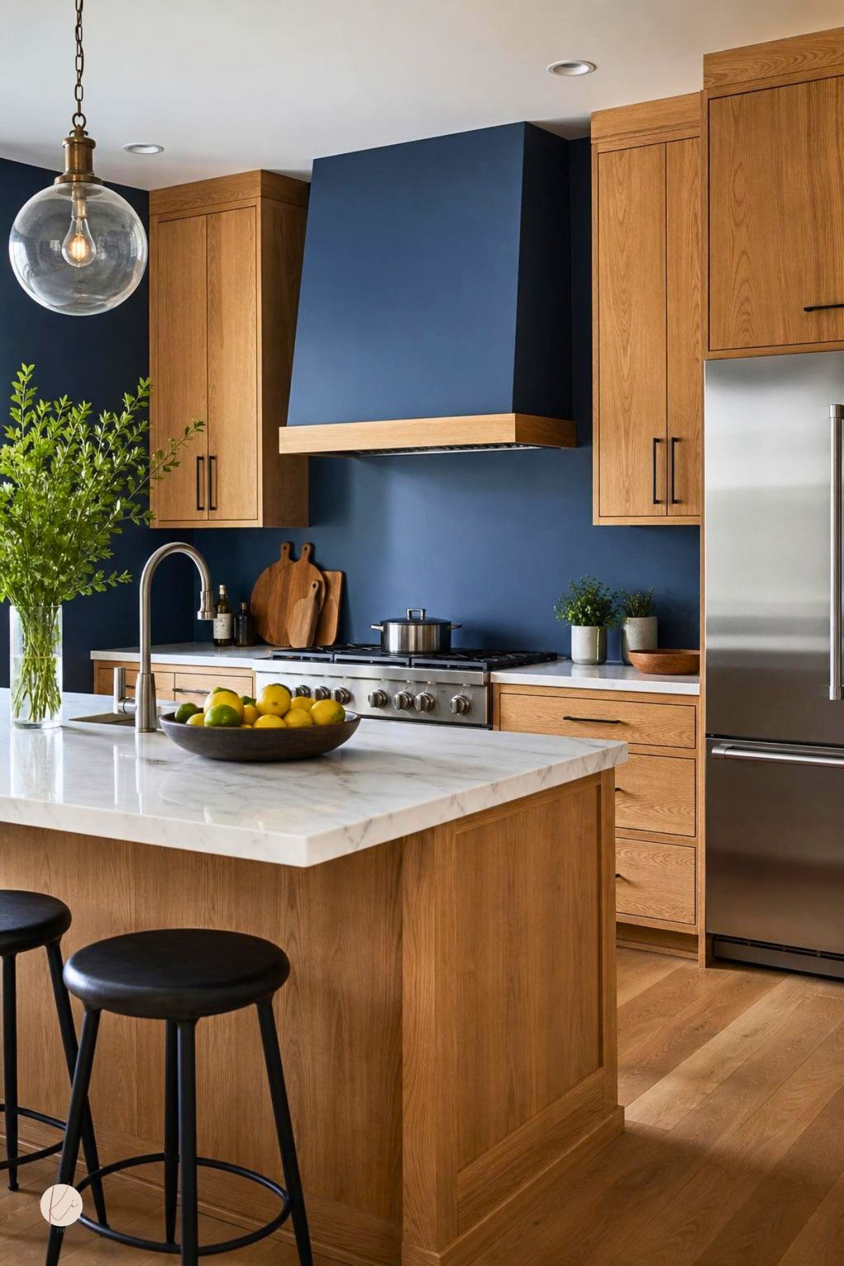 Moody blue kitchen with oak cabinets, a matching blue range hood, white marble countertops, oak island, stainless refrigerator, black bar stools, globe pendant light, and light wood flooring.