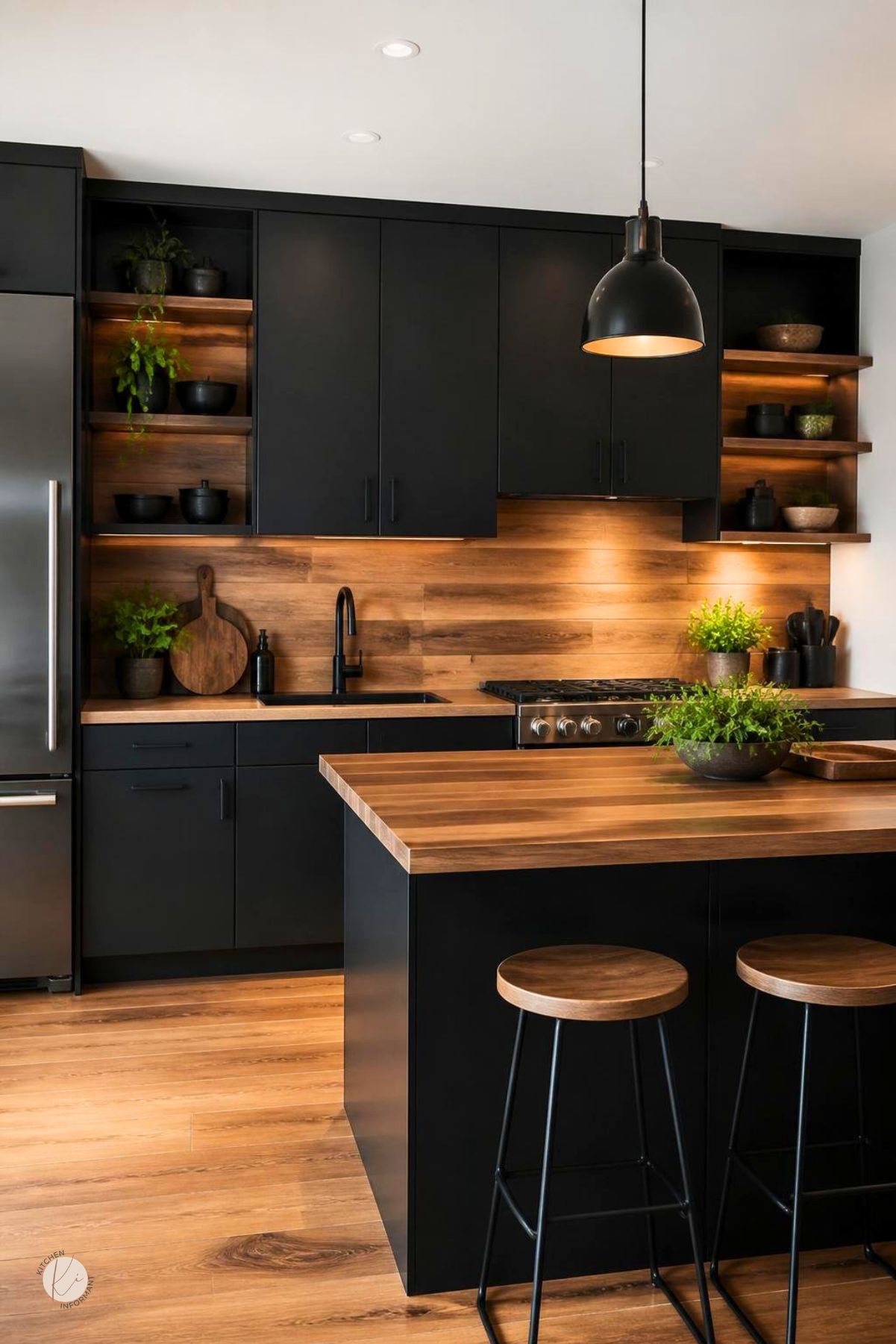 Black modern kitchen with warm wood accents, matte cabinets, wood backsplash, open wood shelving, under-cabinet lighting, wood island countertop, black pendant light, round wood stools, stainless refrigerator, plants, and warm wood flooring.