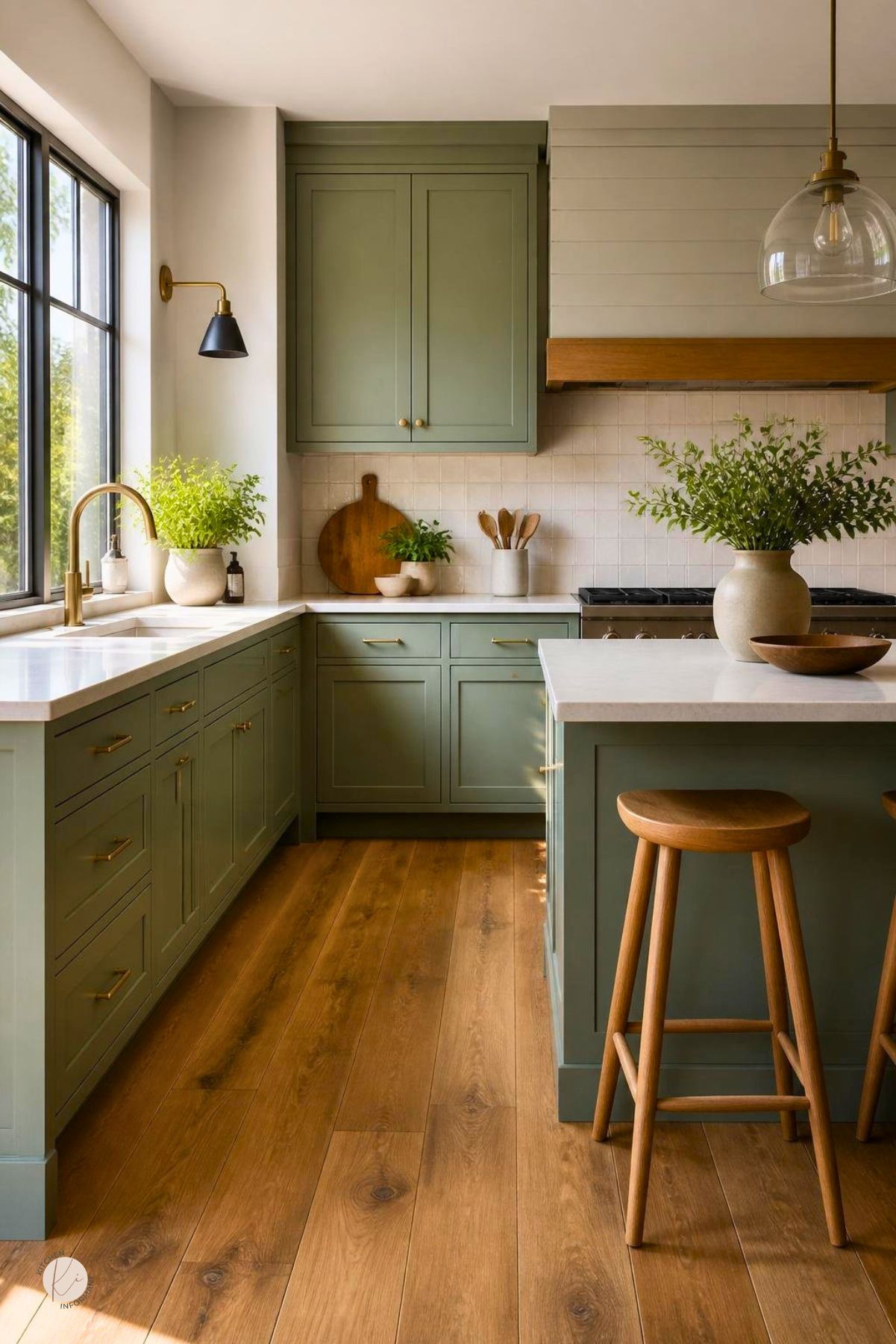 Sage green kitchen with wood floors, white countertops, brass hardware, black-framed windows, brass faucet, wood range hood, glass pendant light, black wall sconce, large island, wood stools, greenery, and warm sunlight.