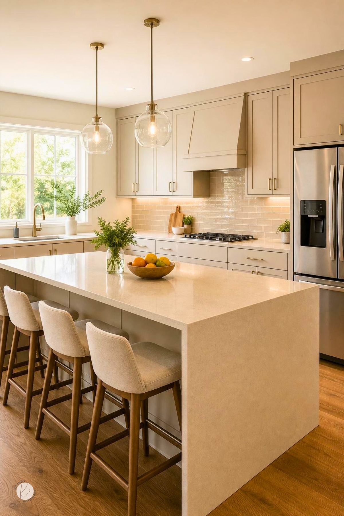 Creamy beige modern kitchen with shaker cabinets, brass hardware, glossy tile backsplash, and a large waterfall island with upholstered stools. Glass globe pendant lights, stainless steel refrigerator, warm wood floors, under-cabinet lighting, and greenery create a bright neutral kitchen design.