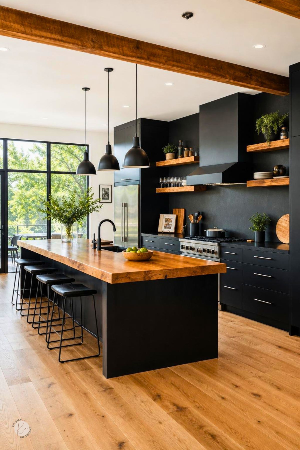 Black modern kitchen with warm wood accents, exposed wood ceiling beam, long wood island countertop, matte black cabinets, floating wood shelves, black range hood, black pendant lights, black stools, large windows, and warm wood flooring.