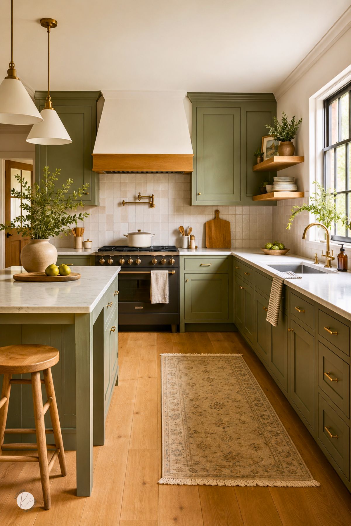 Sage green kitchen with wood floors, white countertops, brass hardware, white tile backsplash, white and wood range hood, farmhouse sink, open wood shelves, pendant lights, wood stool, patterned runner rug, and warm natural light.