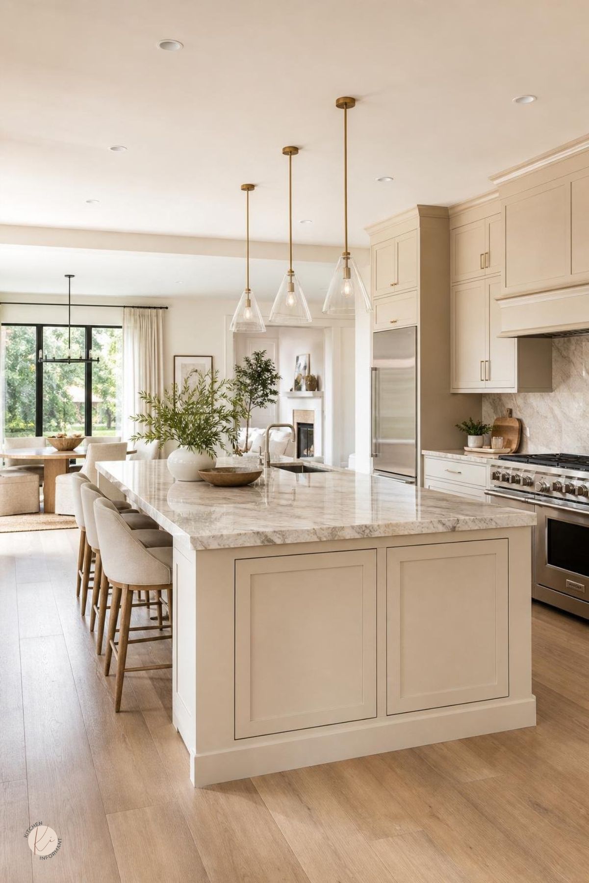 Creamy beige open concept kitchen with shaker cabinets, brass hardware, marble countertops, and a large island with upholstered stools. Glass pendant lights, warm wood floors, stainless steel appliances, a marble backsplash, and a nearby dining area create a bright luxury kitchen design.