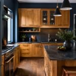 Moody blue kitchen with oak cabinets, black stone countertops, a large island, black pendant lights, stainless range, dark backsplash, wood flooring, patterned runner rug, and warm natural wood accents.