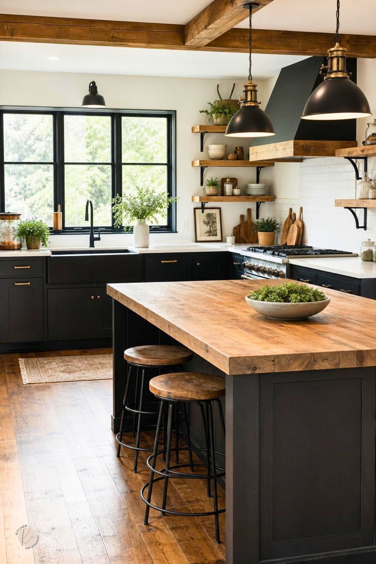 Black modern farmhouse kitchen with warm wood accents, exposed ceiling beams, black cabinets, thick wood island countertop, open wood shelving, black farmhouse sink, black pendant lights, white tile backsplash, wood stools, and warm wood flooring.