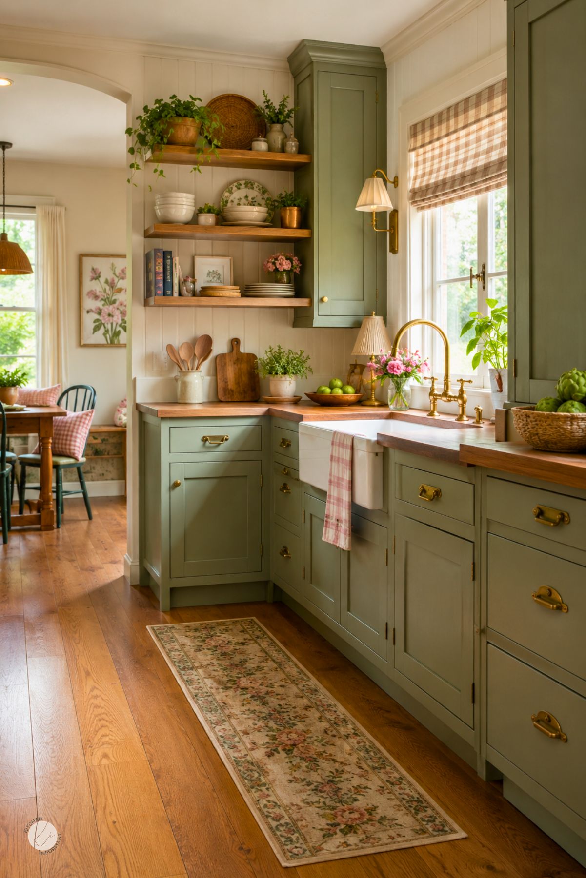 Cottage sage green kitchen with wood floors, butcher block counters, brass hardware, farmhouse sink, open wood shelves, floral runner rug, gingham window shade, plants, flowers, and a cozy dining nook nearby.