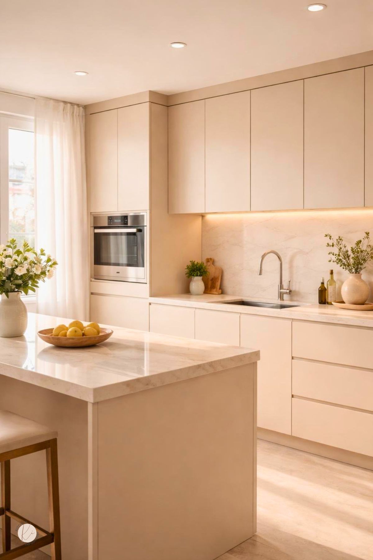 A bright kitchen with creamy beige cabinets, a marble countertop, stainless steel appliances, and natural light coming through a window.